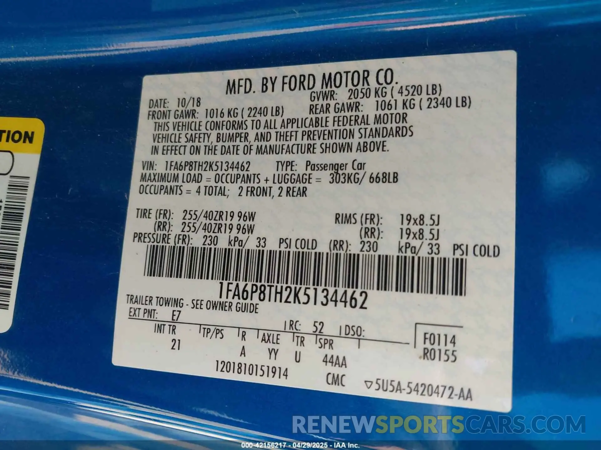 9 fotografías del automóvil dañado 1FA6P8TH2K5134462 FORD MUSTANG 2019