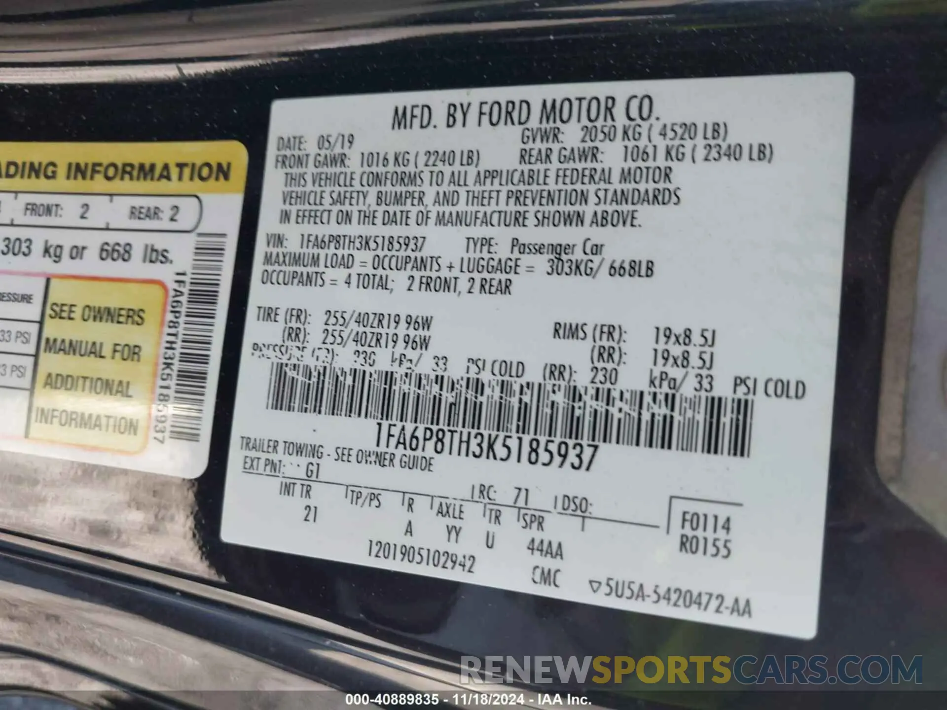 9 fotografías del automóvil dañado 1FA6P8TH3K5185937 FORD MUSTANG 2019