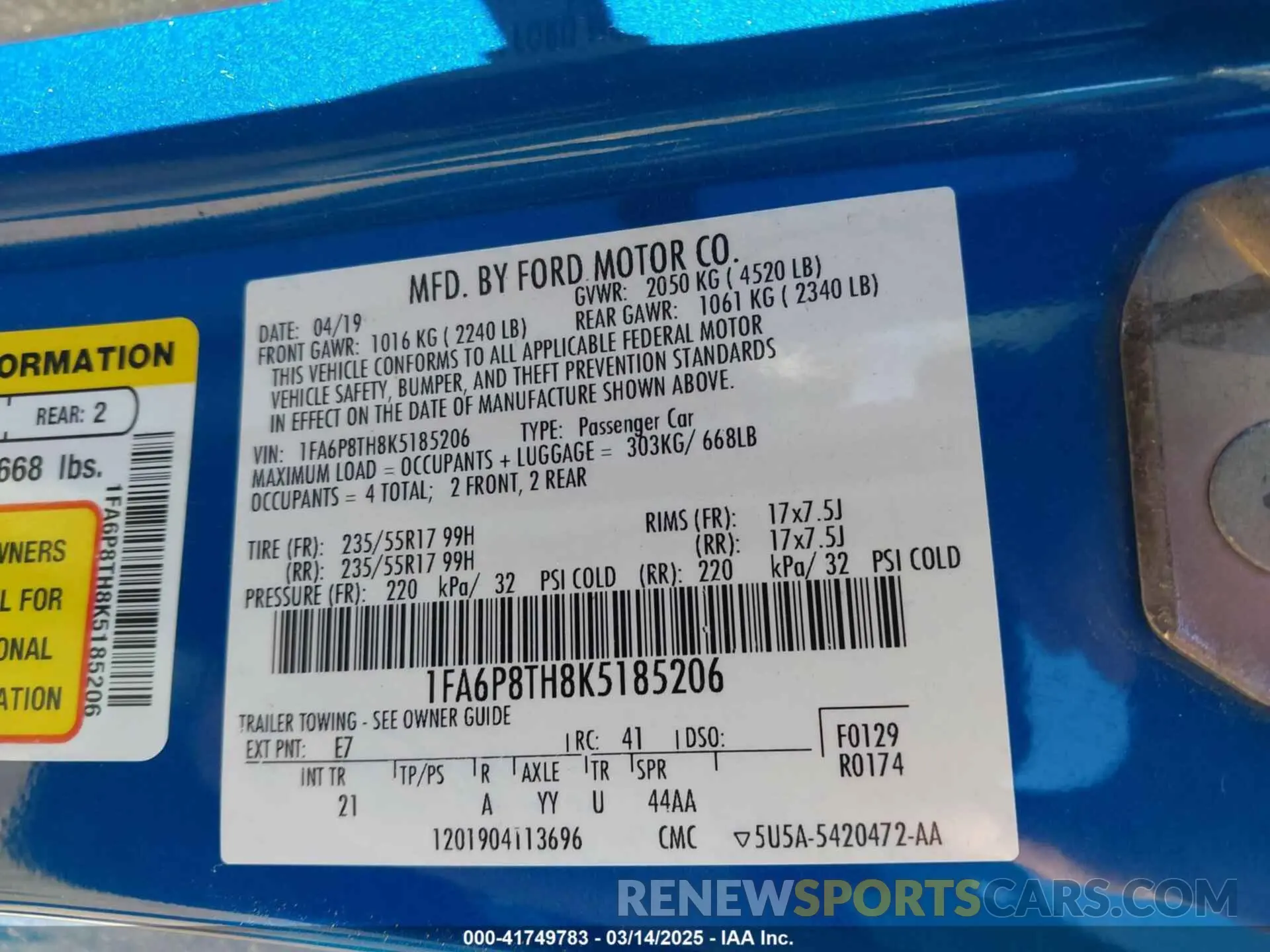 9 fotografías del automóvil dañado 1FA6P8TH8K5185206 FORD MUSTANG 2019