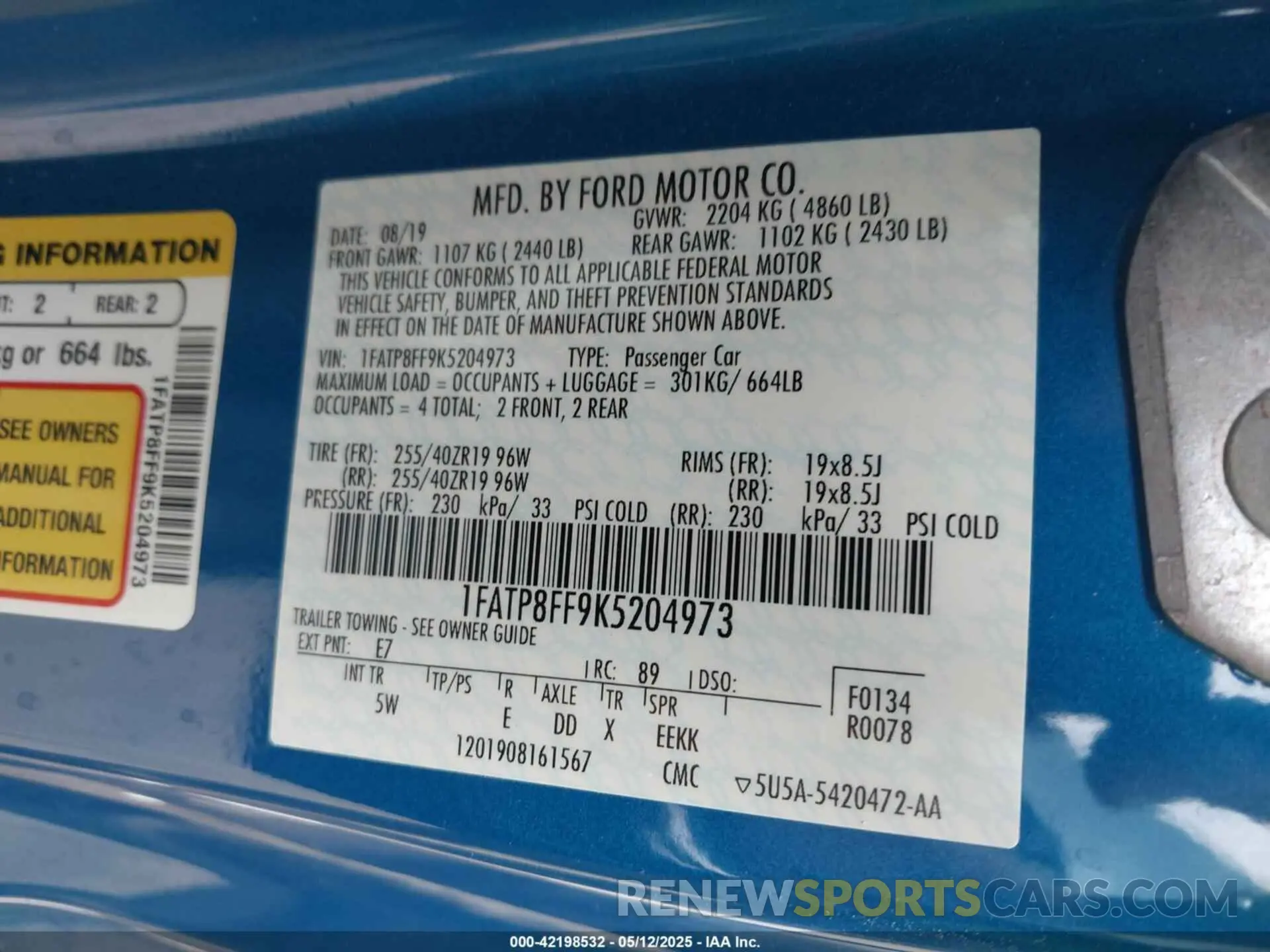 9 fotografías del automóvil dañado 1FATP8FF9K5204973 FORD MUSTANG 2019