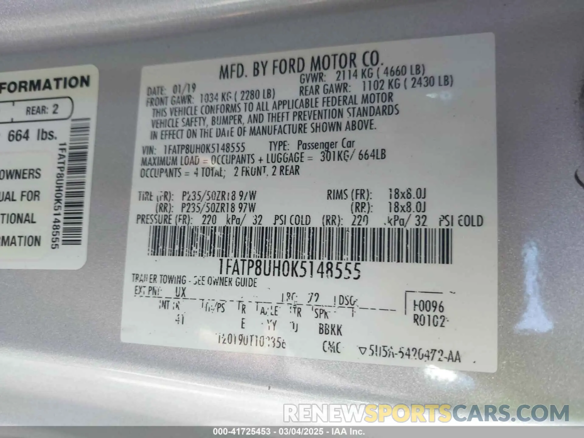 9 fotografías del automóvil dañado 1FATP8UH0K5148555 FORD MUSTANG 2019