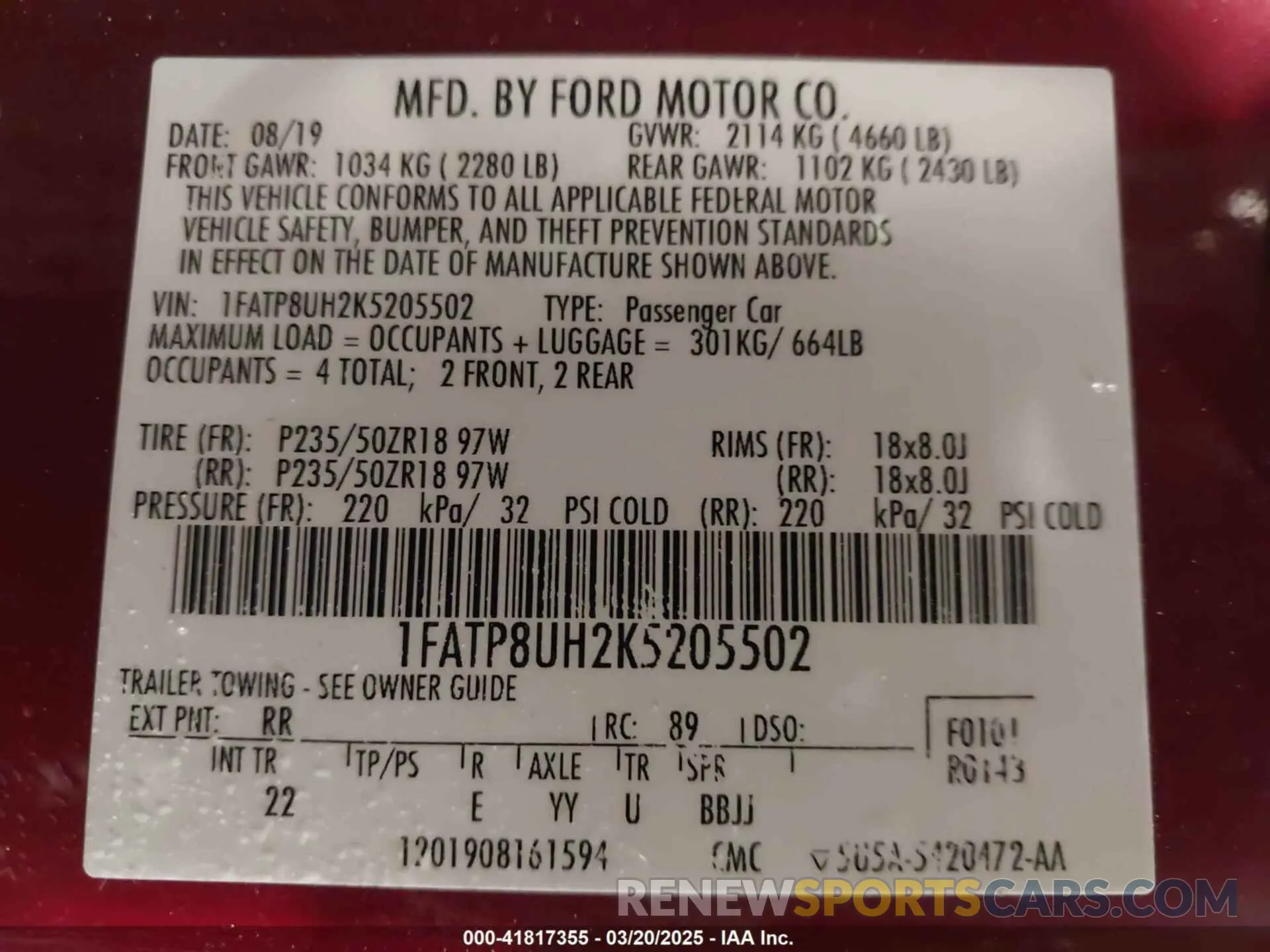 9 fotografías del automóvil dañado 1FATP8UH2K5205502 FORD MUSTANG 2019