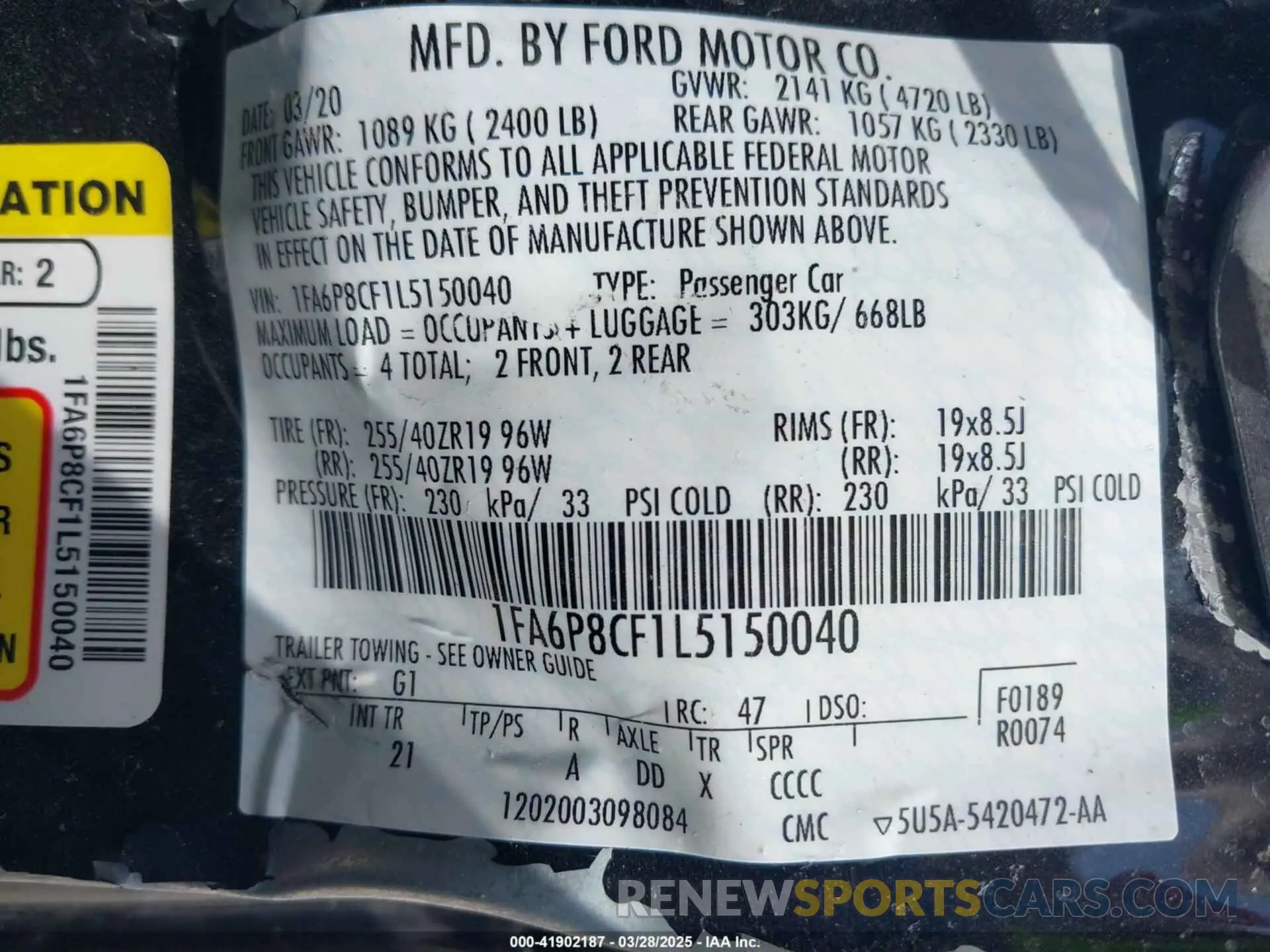 9 fotografías del automóvil dañado 1FA6P8CF1L5150040 FORD MUSTANG 2020