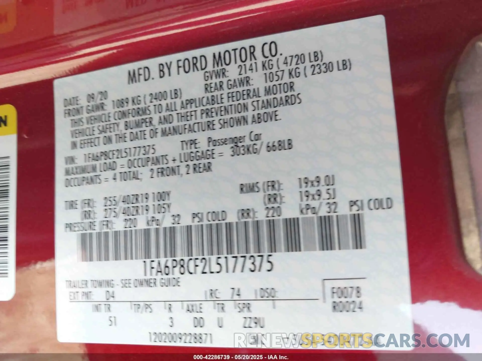 9 fotografías del automóvil dañado 1FA6P8CF2L5177375 FORD MUSTANG 2020