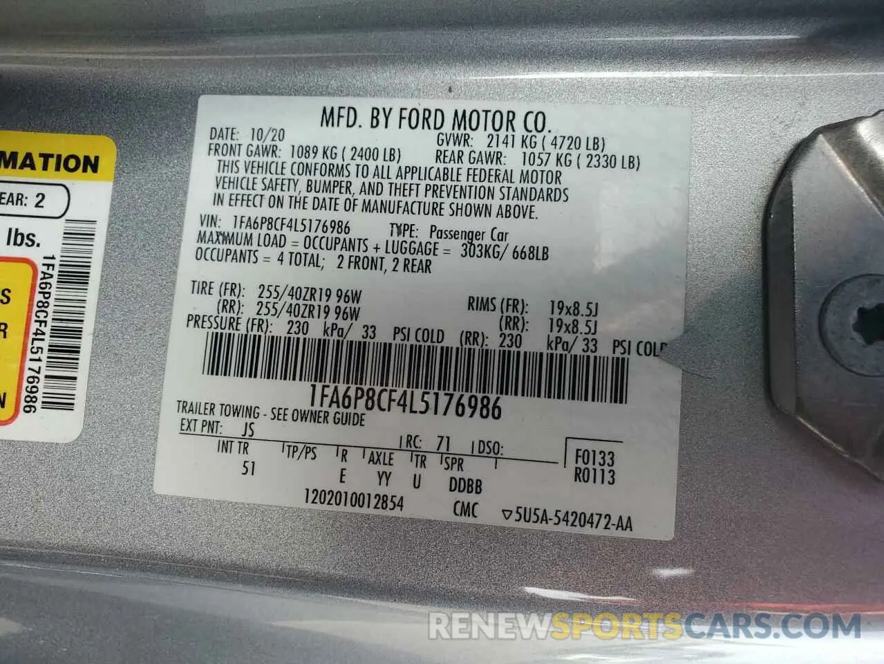 14 fotografías del automóvil dañado 1FA6P8CF4L5176986 FORD MUSTANG 2020