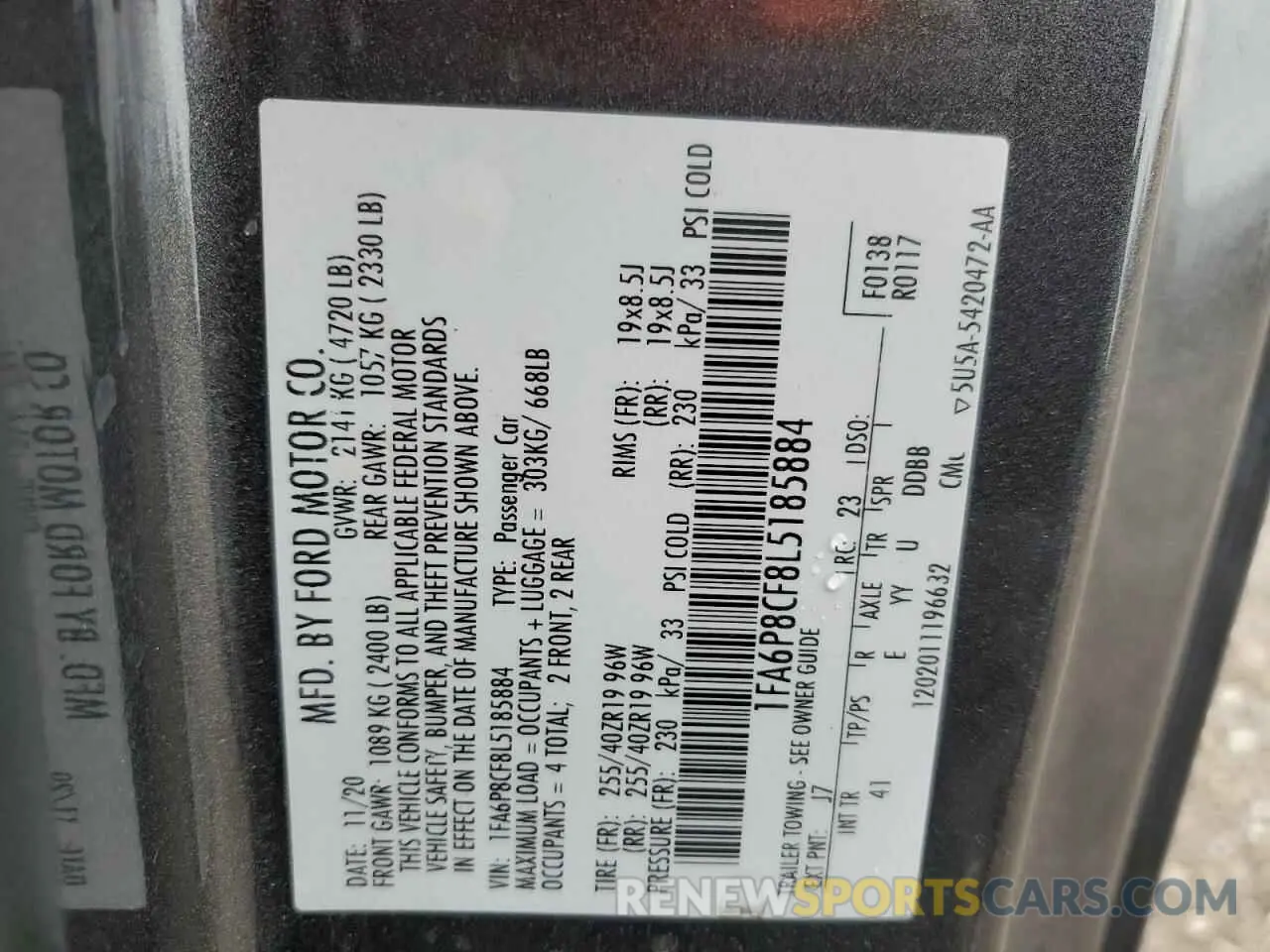 13 fotografías del automóvil dañado 1FA6P8CF8L5185884 FORD MUSTANG 2020