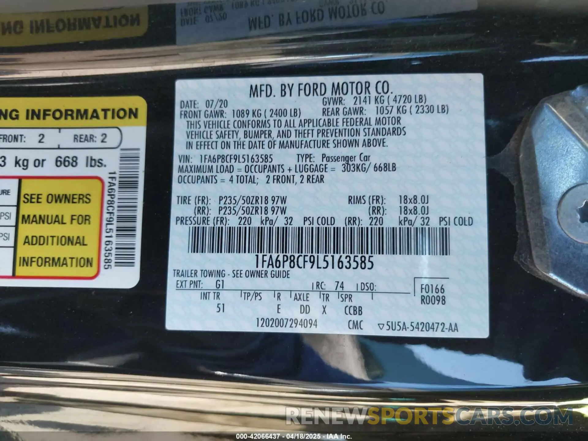 9 fotografías del automóvil dañado 1FA6P8CF9L5163585 FORD MUSTANG 2020