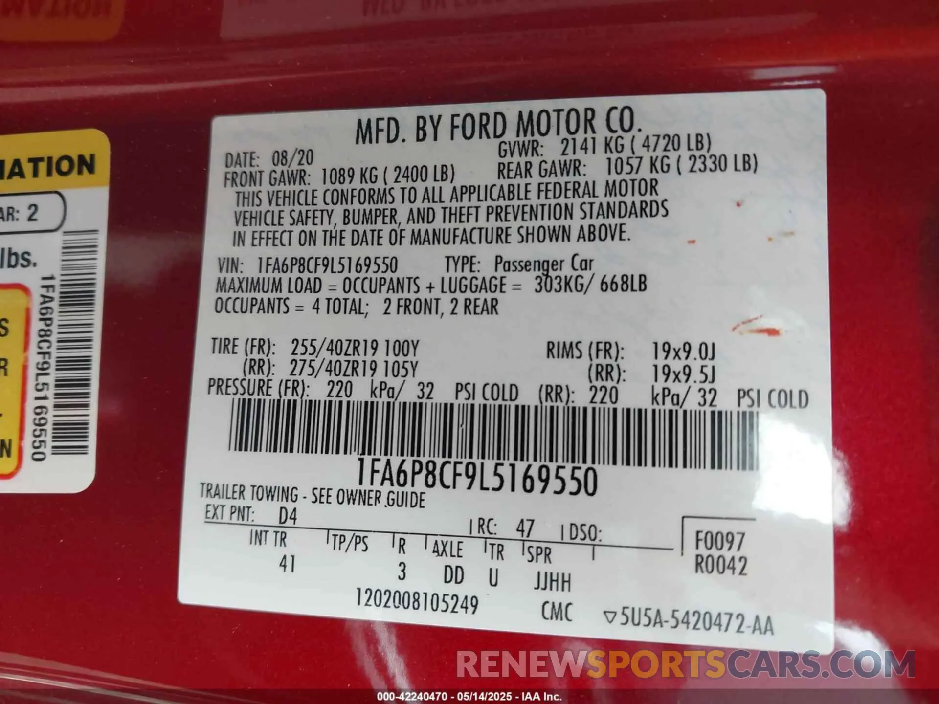 9 fotografías del automóvil dañado 1FA6P8CF9L5169550 FORD MUSTANG 2020