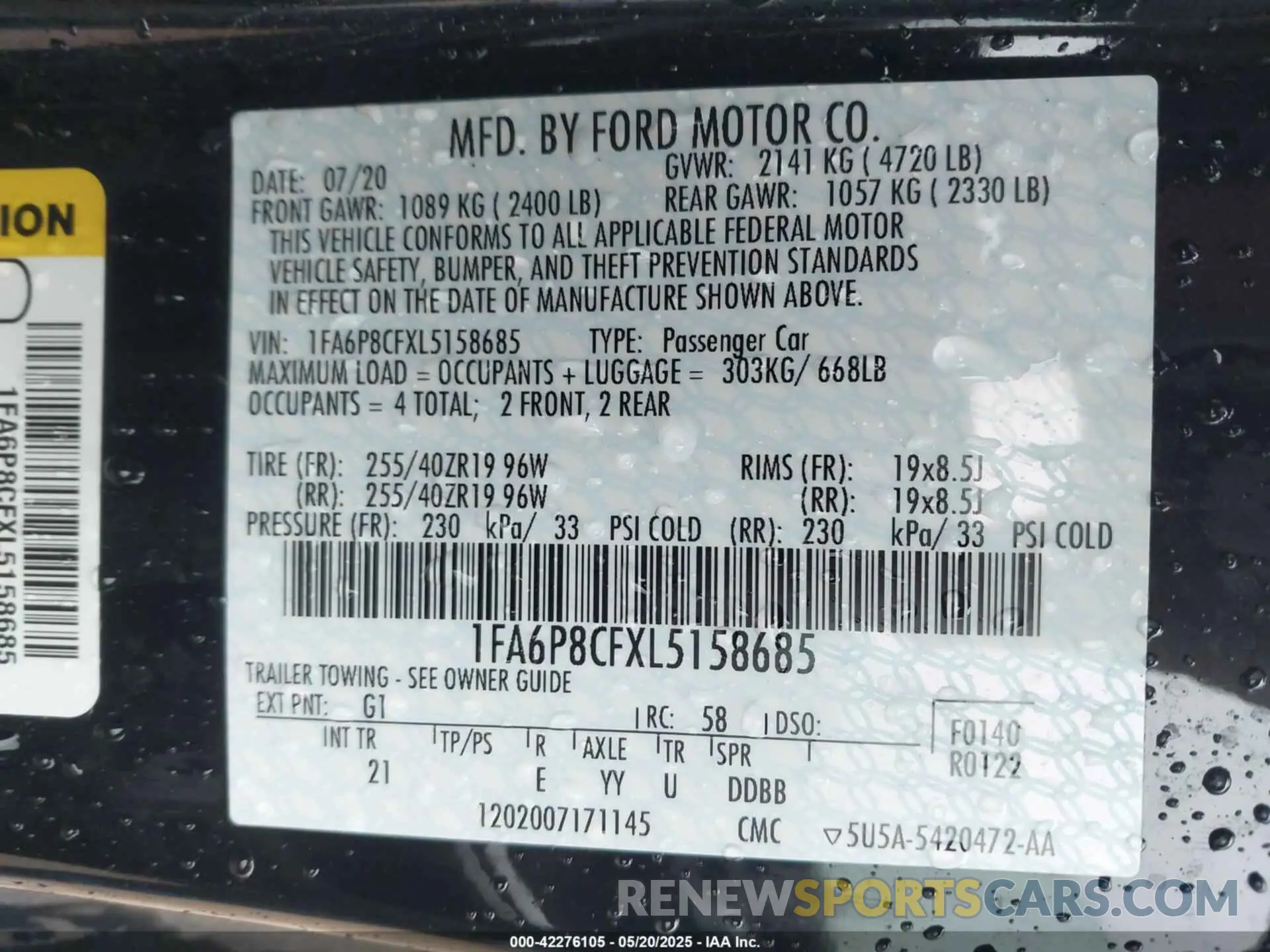 9 fotografías del automóvil dañado 1FA6P8CFXL5158685 FORD MUSTANG 2020