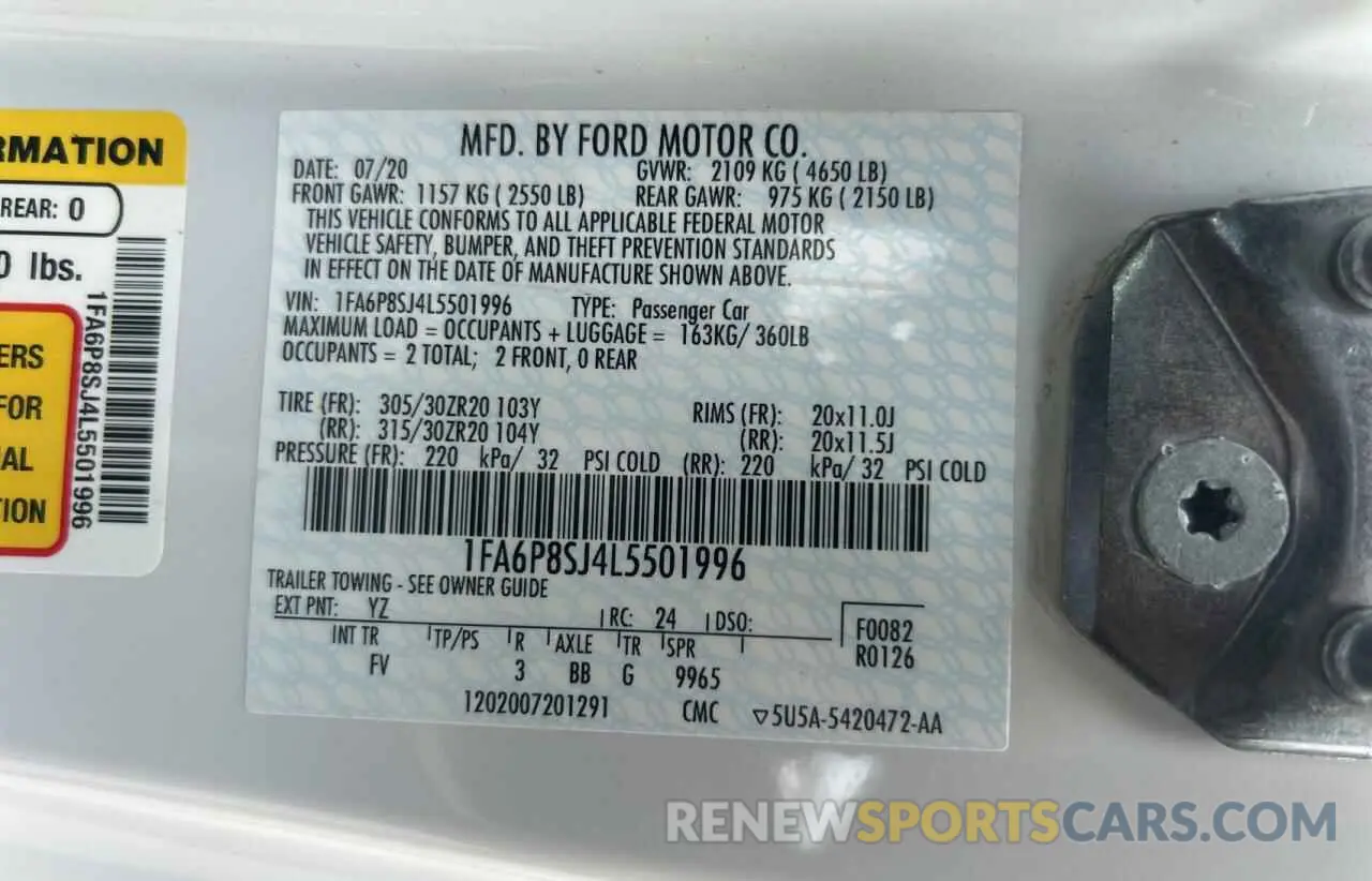 10 fotografías del automóvil dañado 1FA6P8SJ4L5501996 FORD MUSTANG 2020