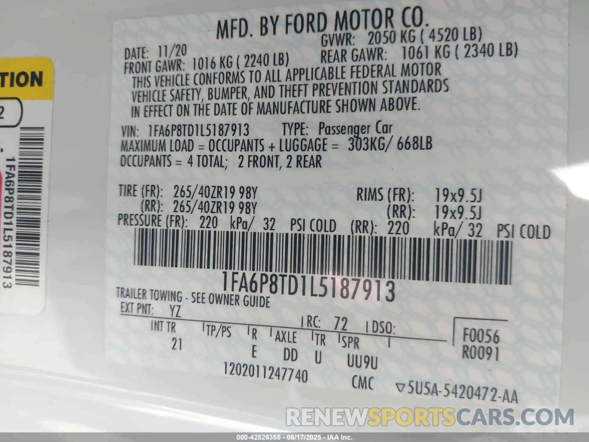 9 fotografías del automóvil dañado 1FA6P8TD1L5187913 FORD MUSTANG 2020