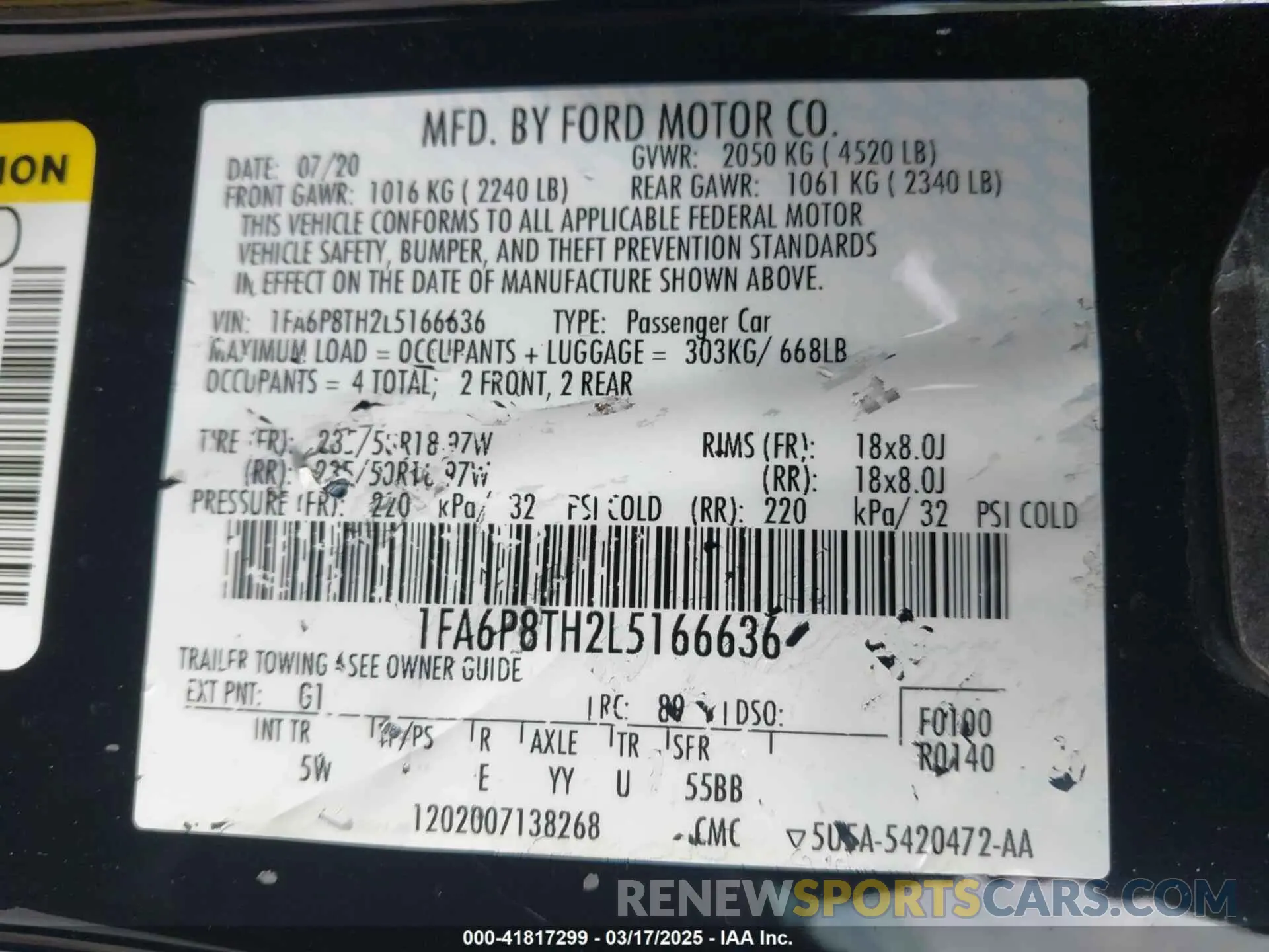 9 fotografías del automóvil dañado 1FA6P8TH2L5166636 FORD MUSTANG 2020