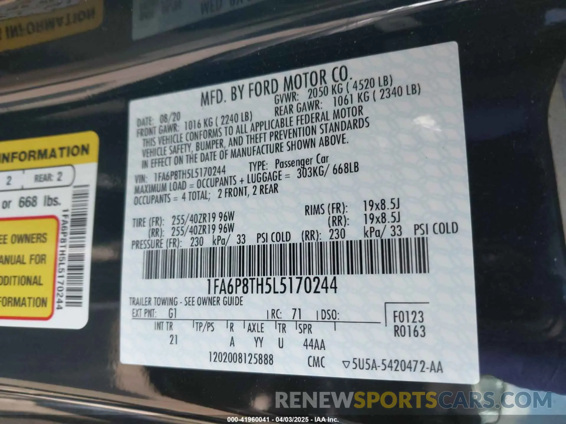 9 fotografías del automóvil dañado 1FA6P8TH5L5170244 FORD MUSTANG 2020
