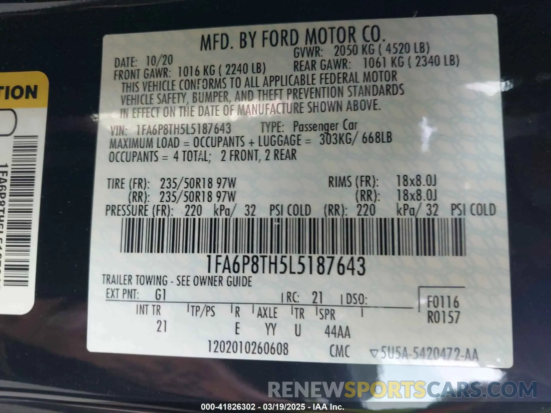 8 fotografías del automóvil dañado 1FA6P8TH5L5187643 FORD MUSTANG 2020