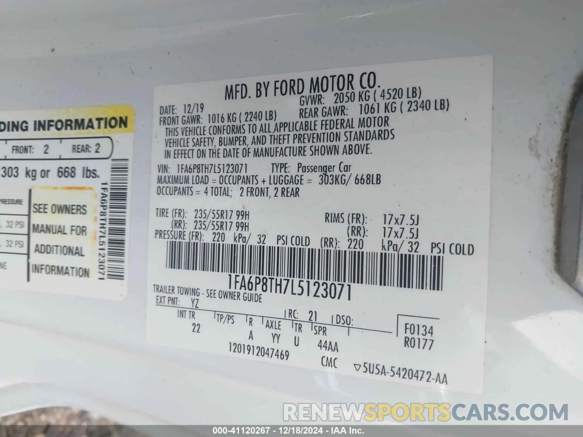 9 fotografías del automóvil dañado 1FA6P8TH7L5123071 FORD MUSTANG 2020