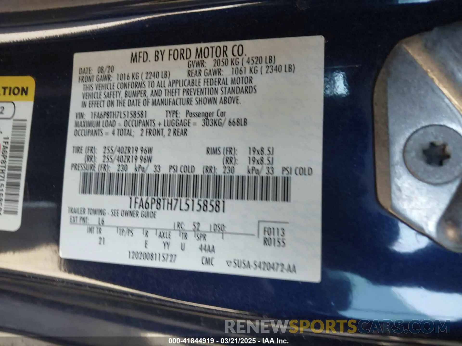 9 fotografías del automóvil dañado 1FA6P8TH7L5158581 FORD MUSTANG 2020