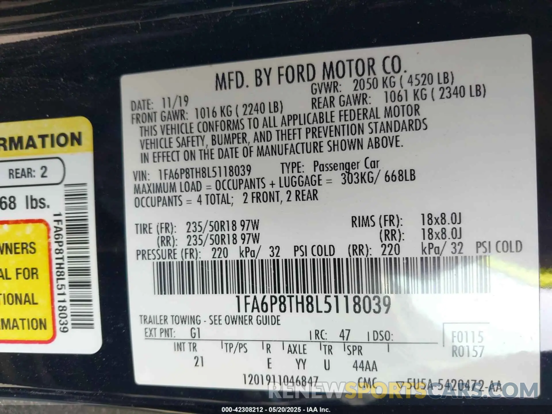 9 fotografías del automóvil dañado 1FA6P8TH8L5118039 FORD MUSTANG 2020