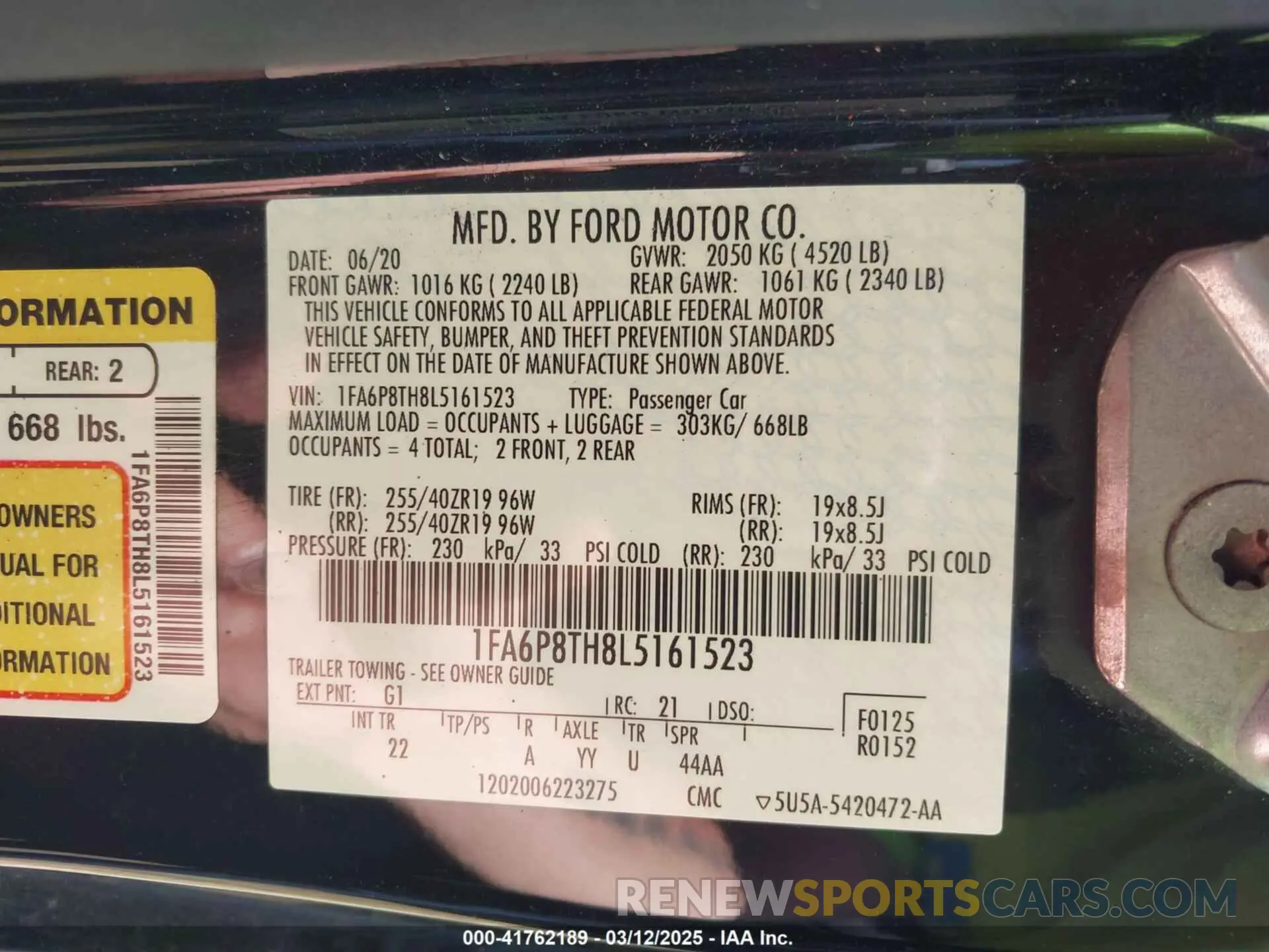 9 fotografías del automóvil dañado 1FA6P8TH8L5161523 FORD MUSTANG 2020