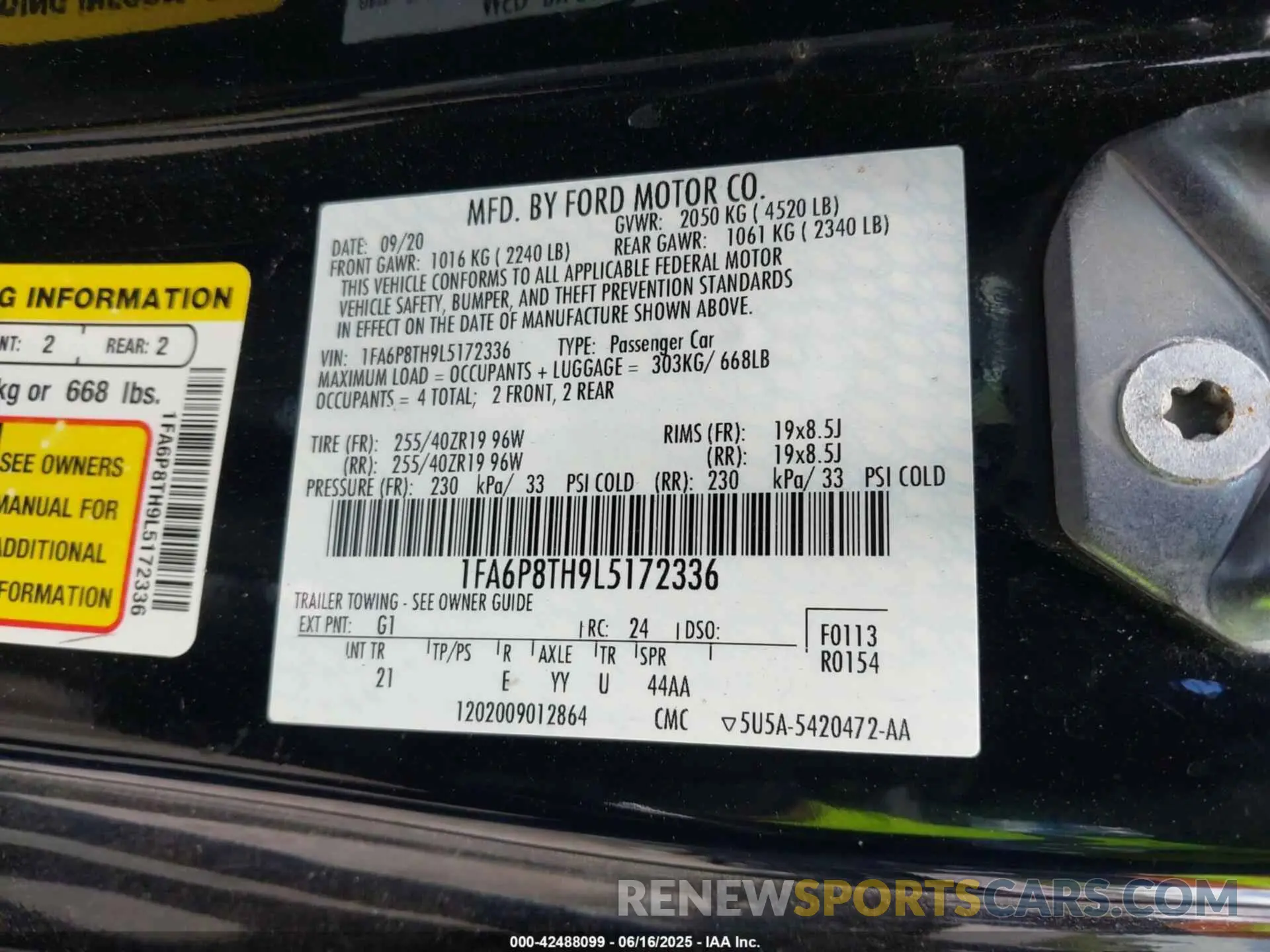 9 fotografías del automóvil dañado 1FA6P8TH9L5172336 FORD MUSTANG 2020