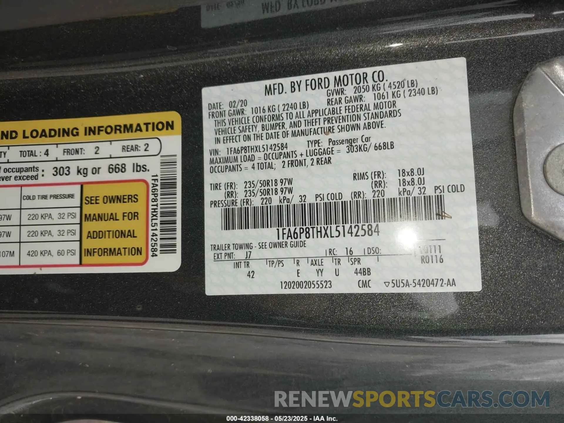 9 fotografías del automóvil dañado 1FA6P8THXL5142584 FORD MUSTANG 2020