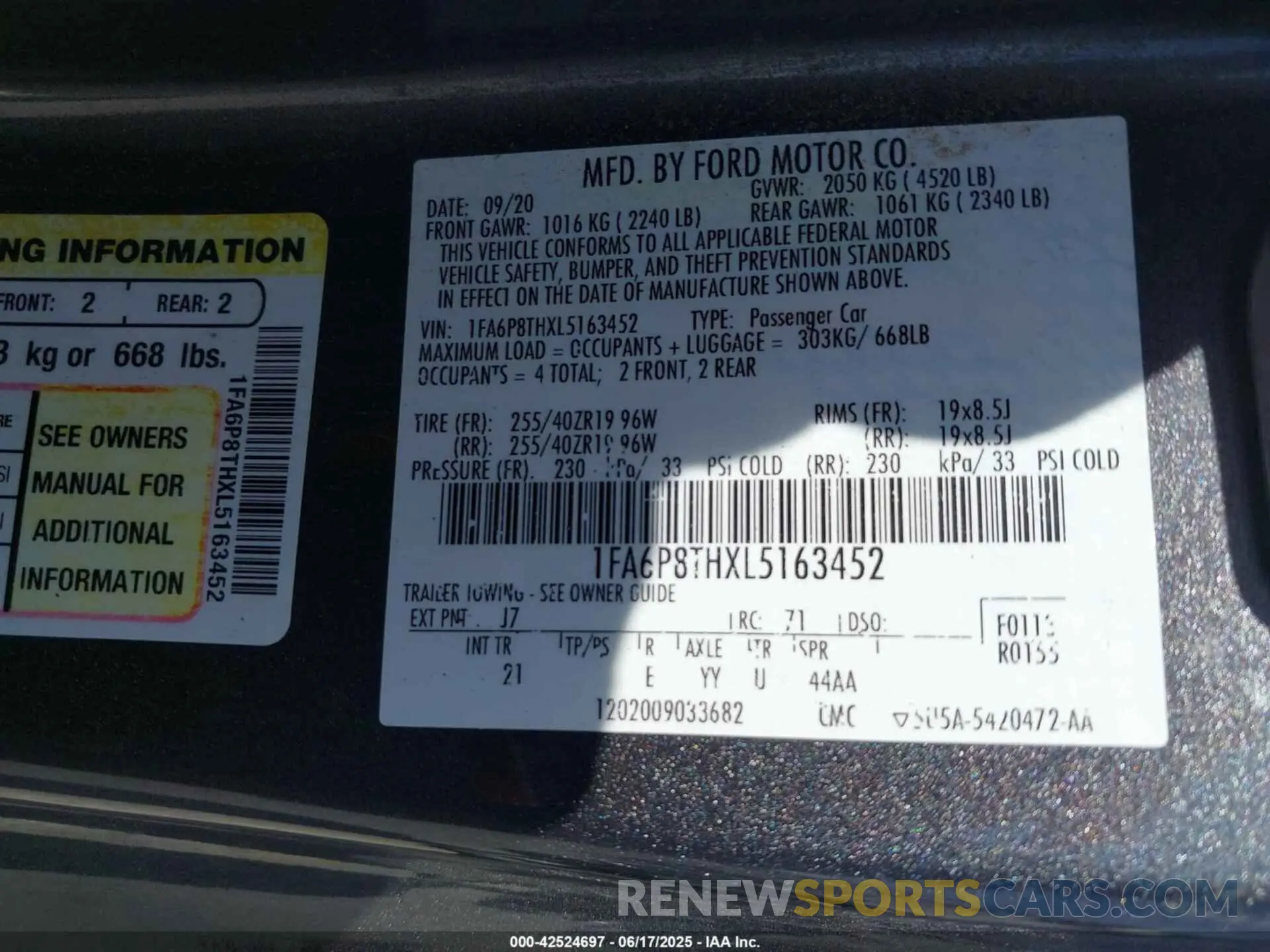 9 fotografías del automóvil dañado 1FA6P8THXL5163452 FORD MUSTANG 2020