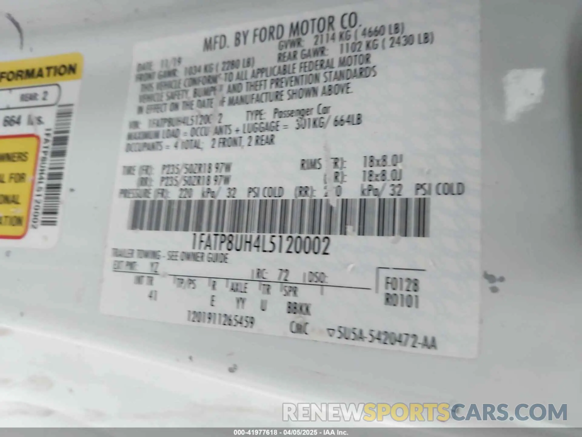 9 fotografías del automóvil dañado 1FATP8UH4L5120002 FORD MUSTANG 2020