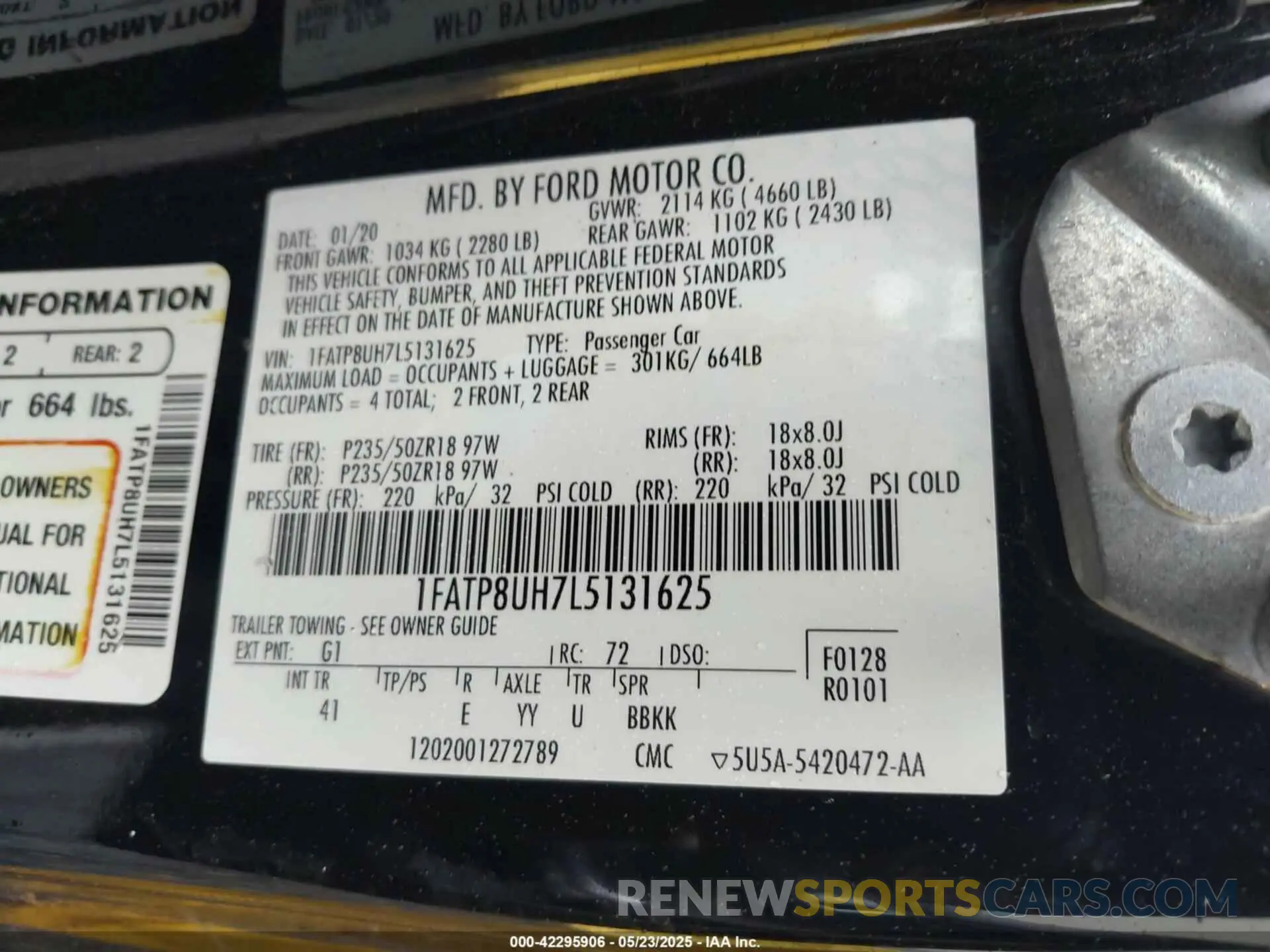 9 fotografías del automóvil dañado 1FATP8UH7L5131625 FORD MUSTANG 2020
