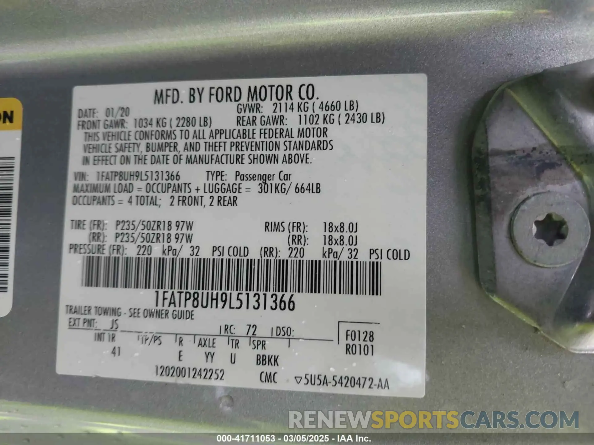 9 fotografías del automóvil dañado 1FATP8UH9L5131366 FORD MUSTANG 2020