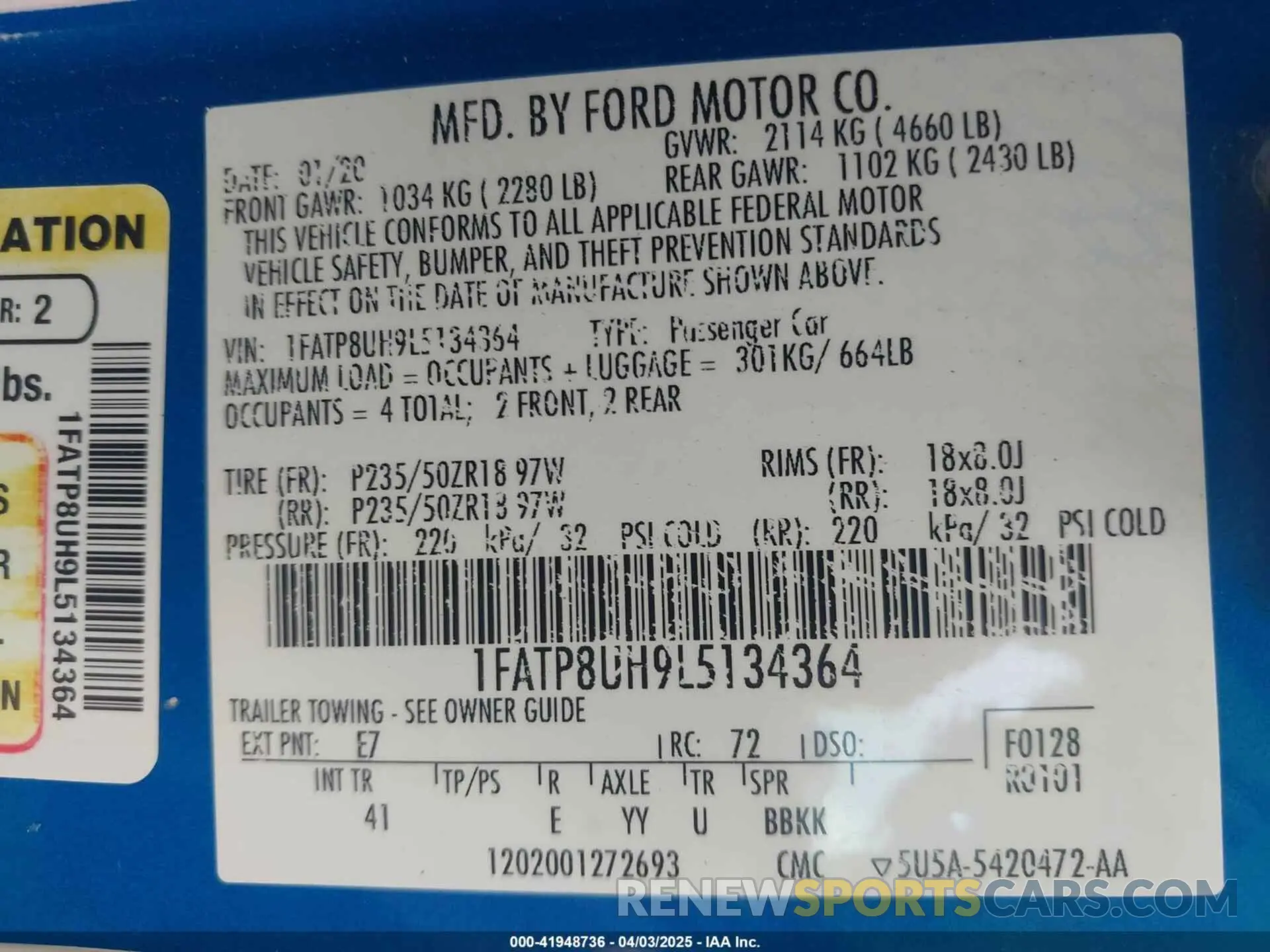 9 fotografías del automóvil dañado 1FATP8UH9L5134364 FORD MUSTANG 2020