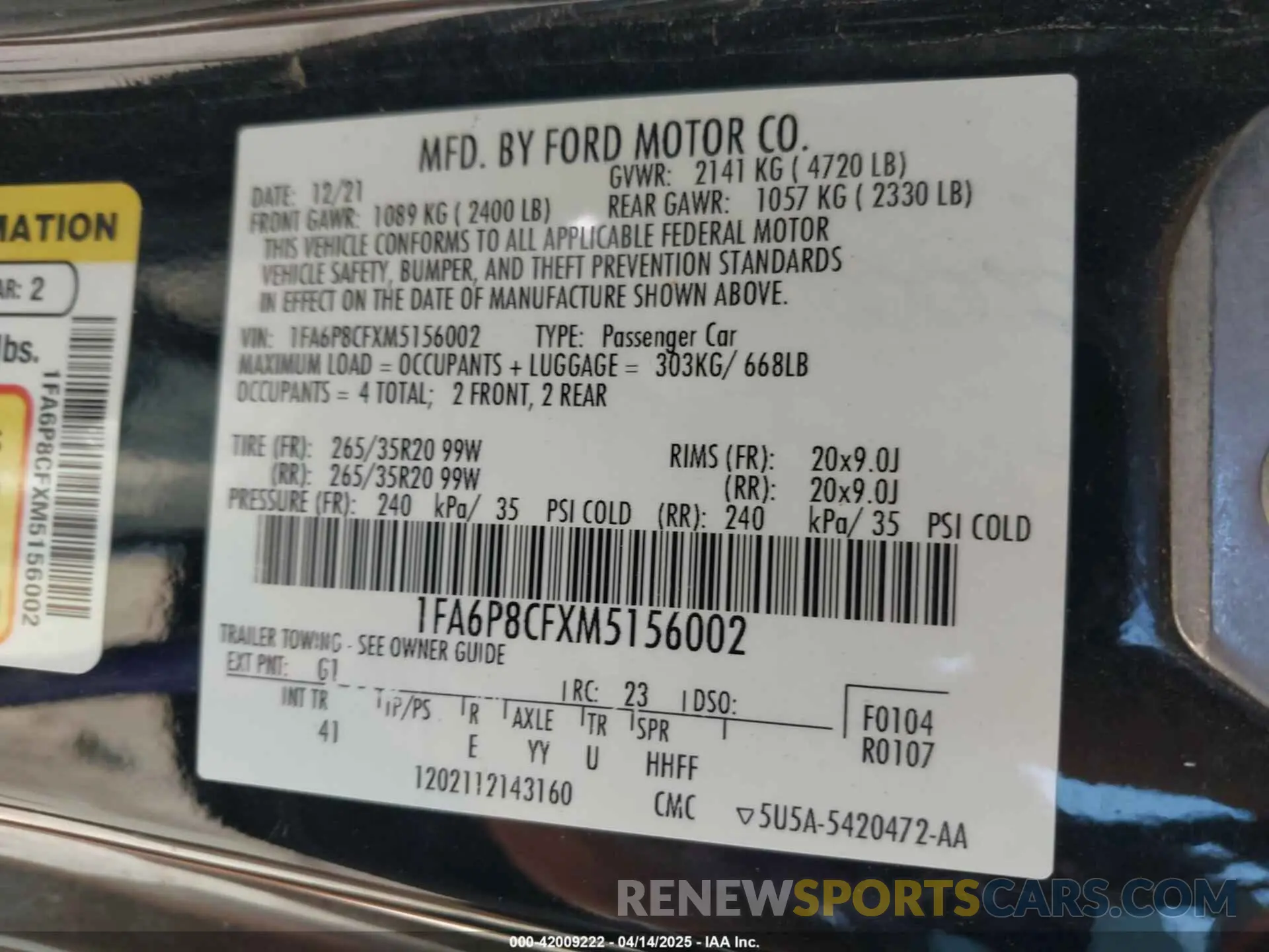 9 fotografías del automóvil dañado 1FA6P8CFXM5156002 FORD MUSTANG 2021