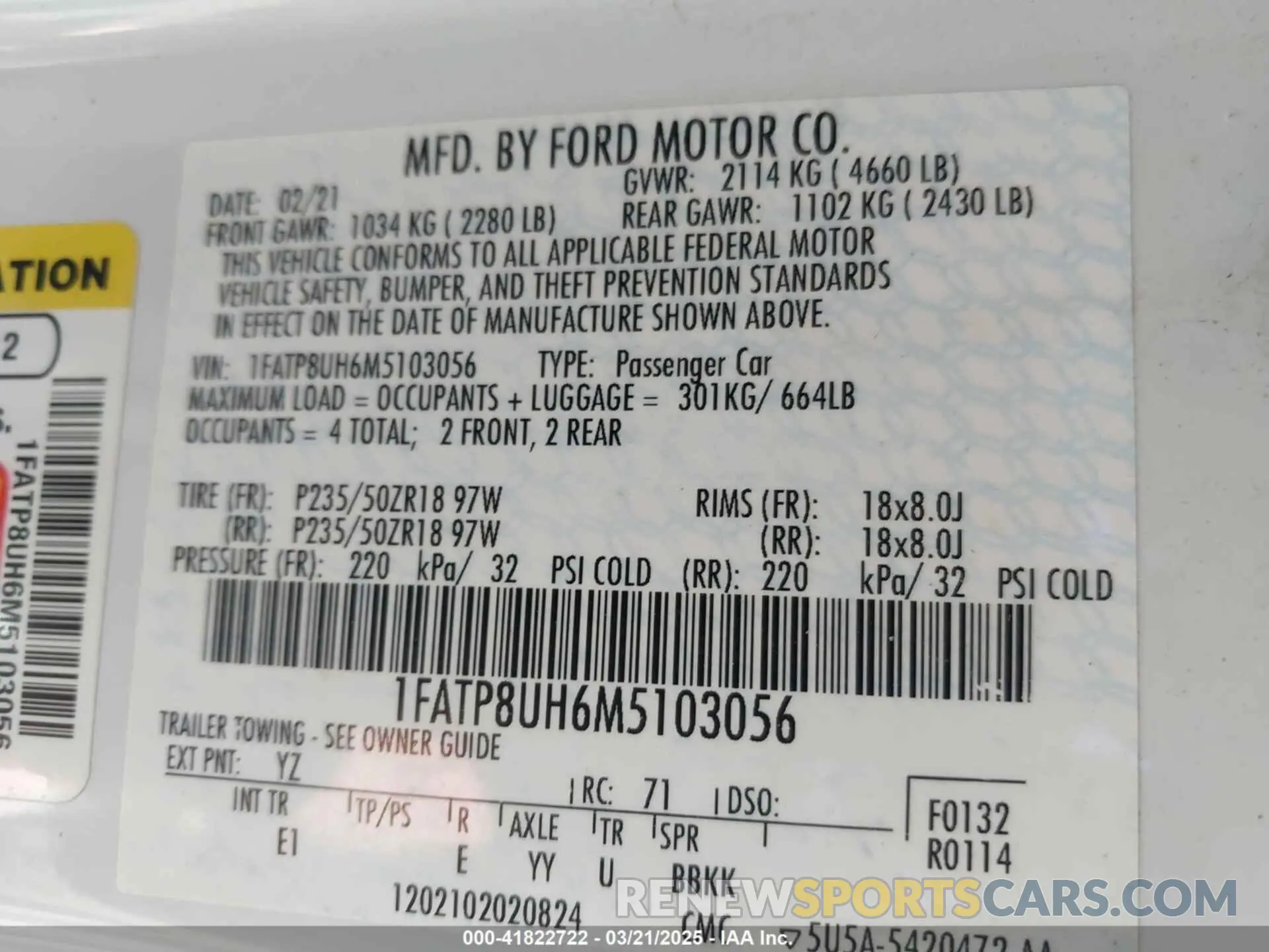 9 fotografías del automóvil dañado 1FATP8UH6M5103056 FORD MUSTANG 2021