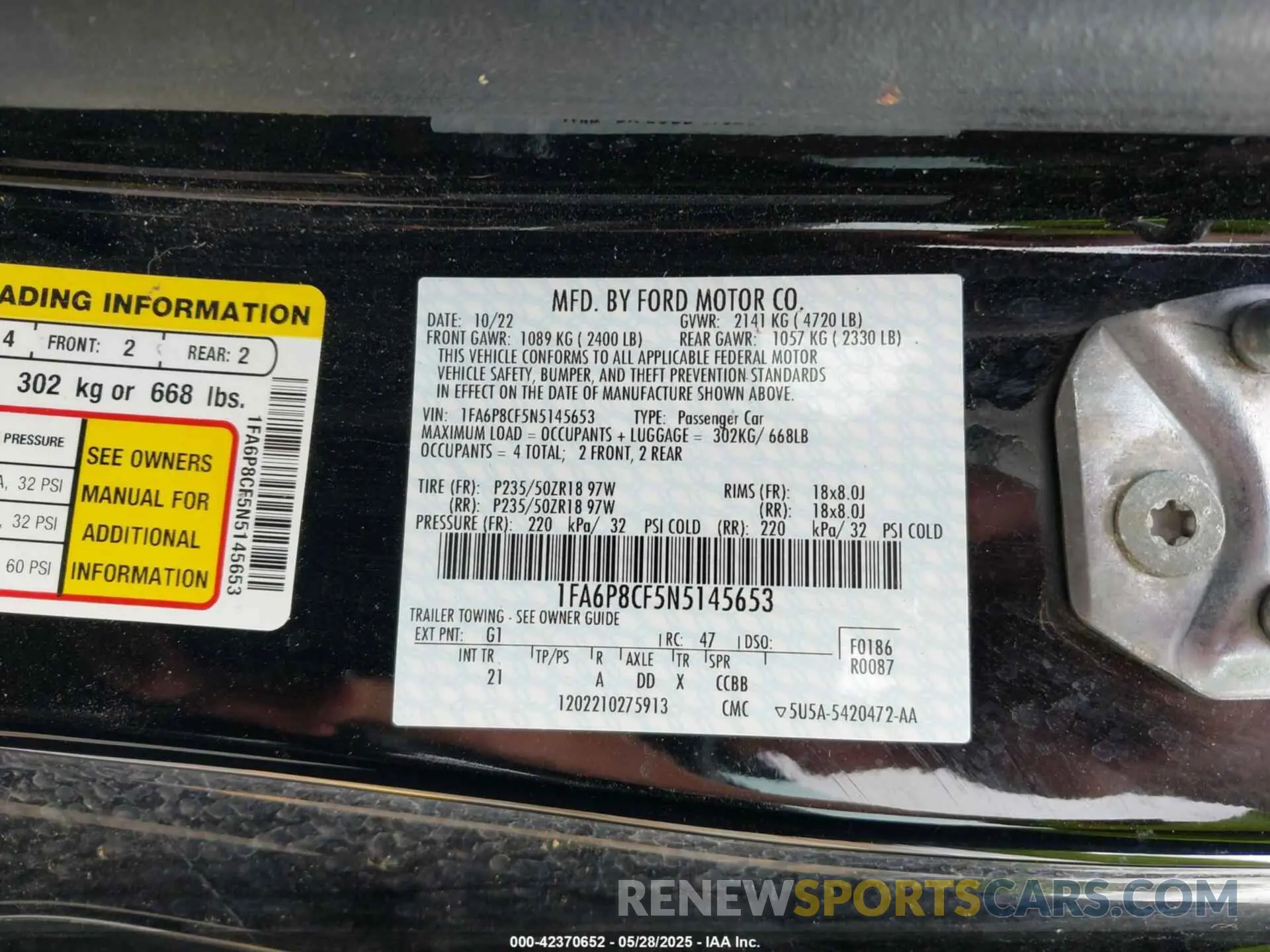 9 fotografías del automóvil dañado 1FA6P8CF5N5145653 FORD MUSTANG 2022