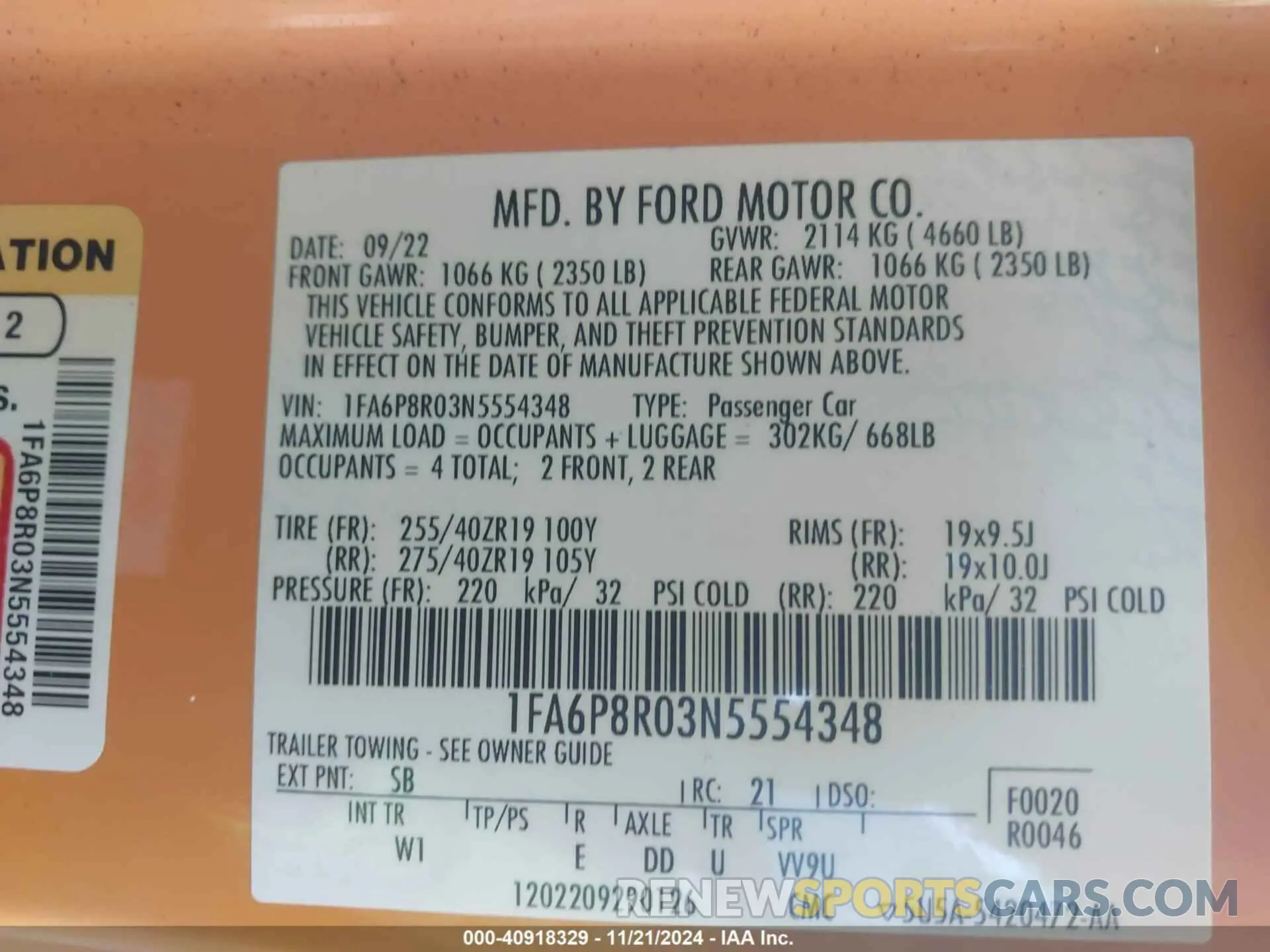 9 fotografías del automóvil dañado 1FA6P8R03N5554348 FORD MUSTANG 2022