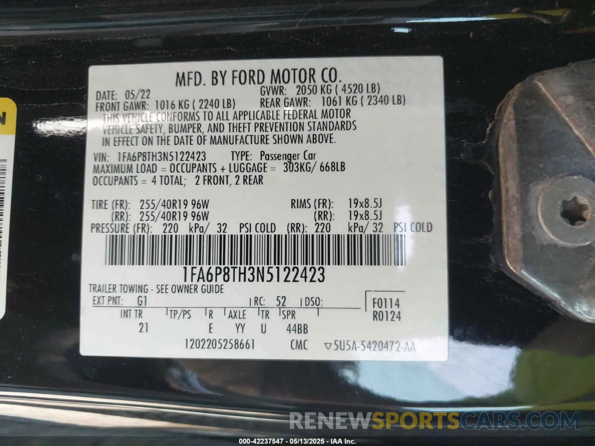 9 fotografías del automóvil dañado 1FA6P8TH3N5122423 FORD MUSTANG 2022
