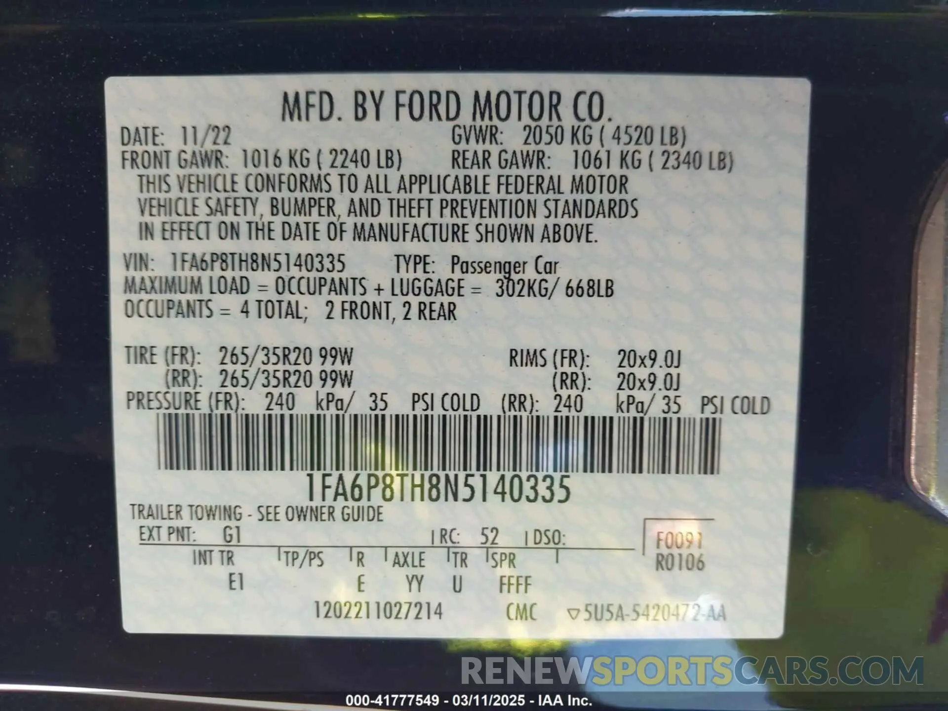 9 fotografías del automóvil dañado 1FA6P8TH8N5140335 FORD MUSTANG 2022