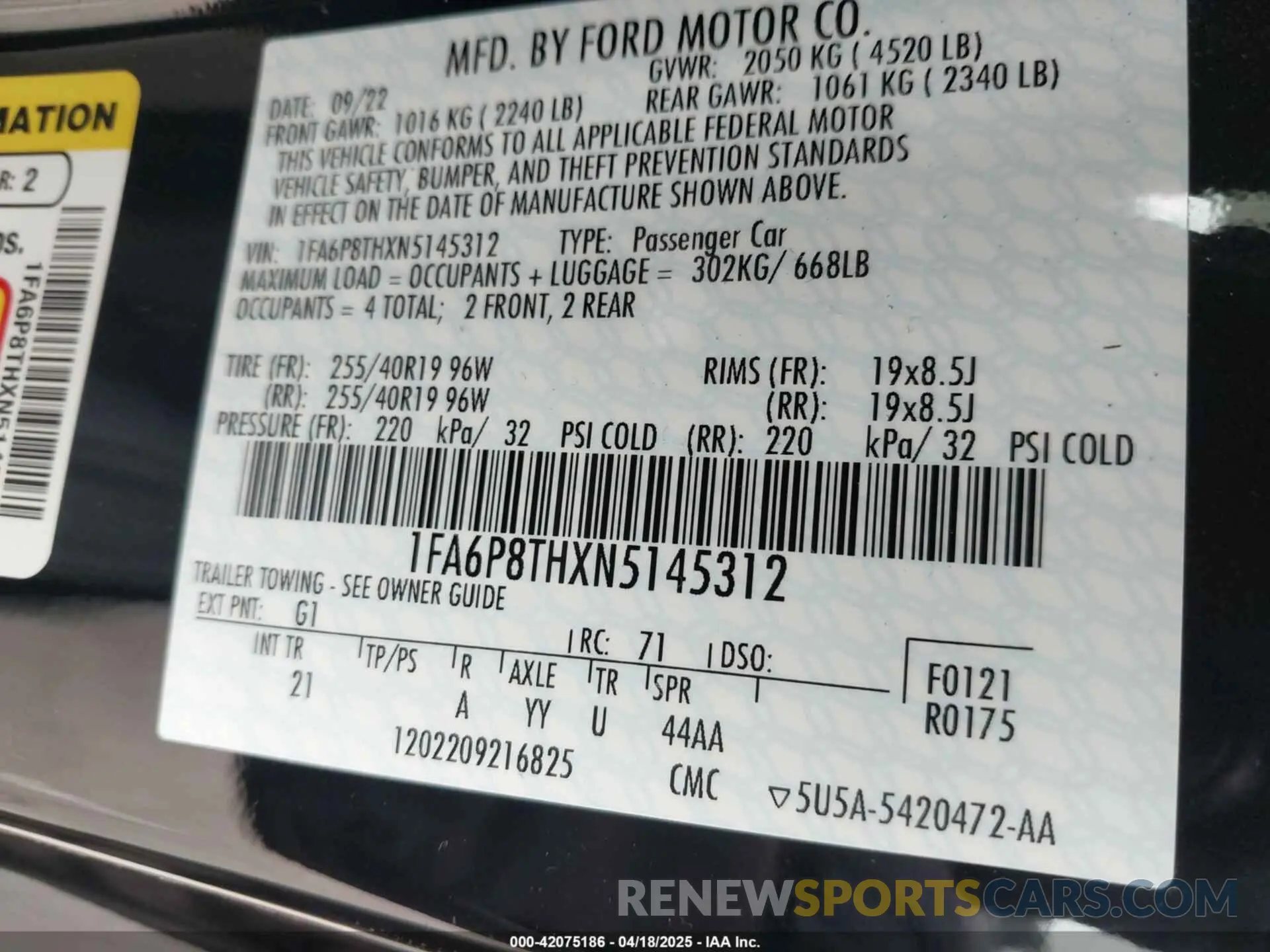 9 fotografías del automóvil dañado 1FA6P8THXN5145312 FORD MUSTANG 2022