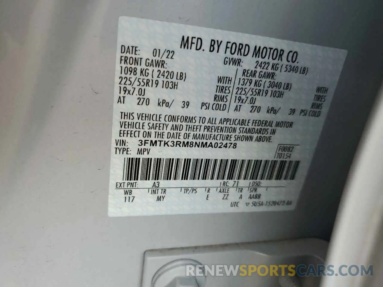 14 fotografías del automóvil dañado 3FMTK3RM8NMA02478 FORD MUSTANG 2022