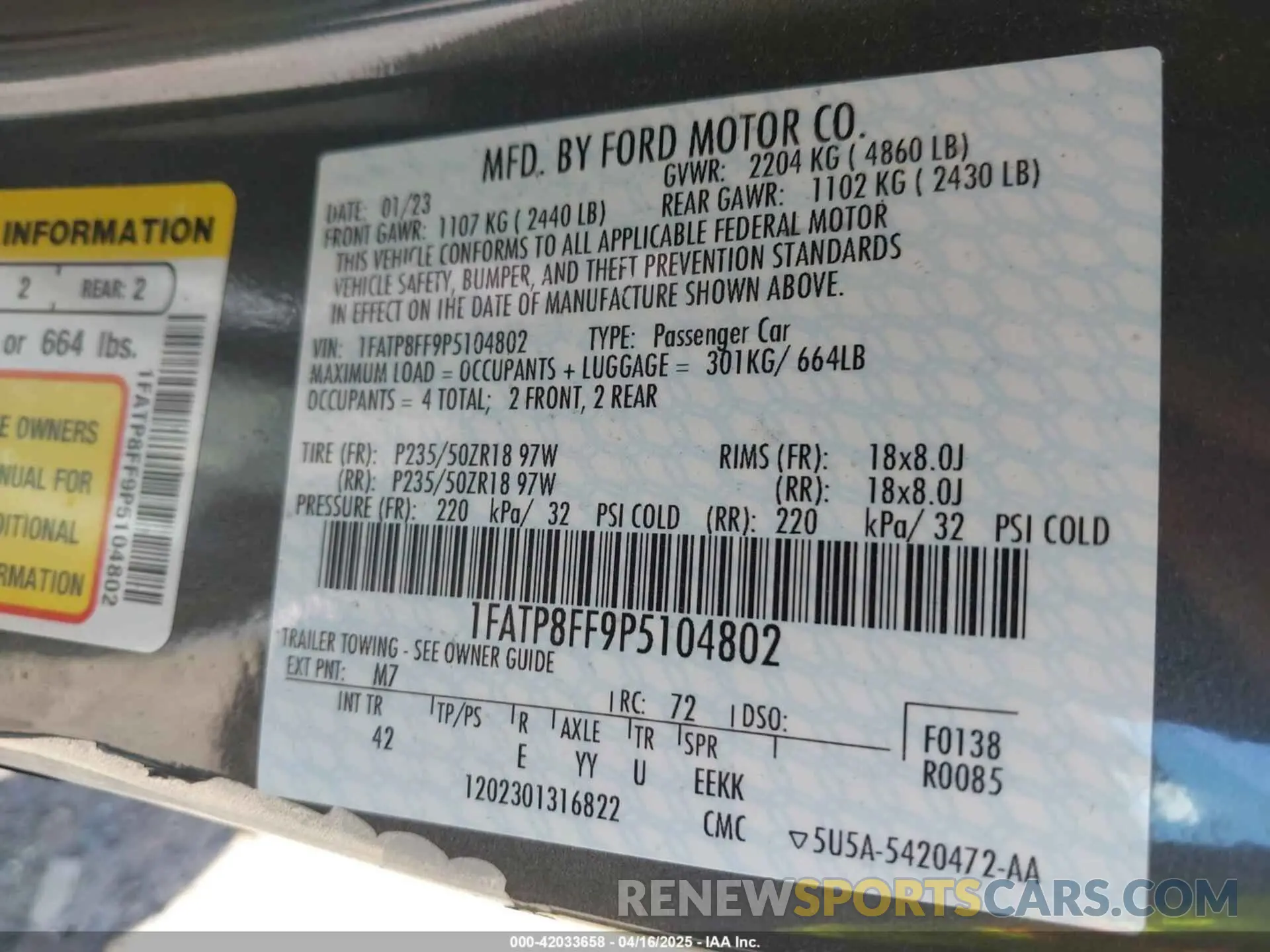 9 fotografías del automóvil dañado 1FATP8FF9P5104802 FORD MUSTANG 2023