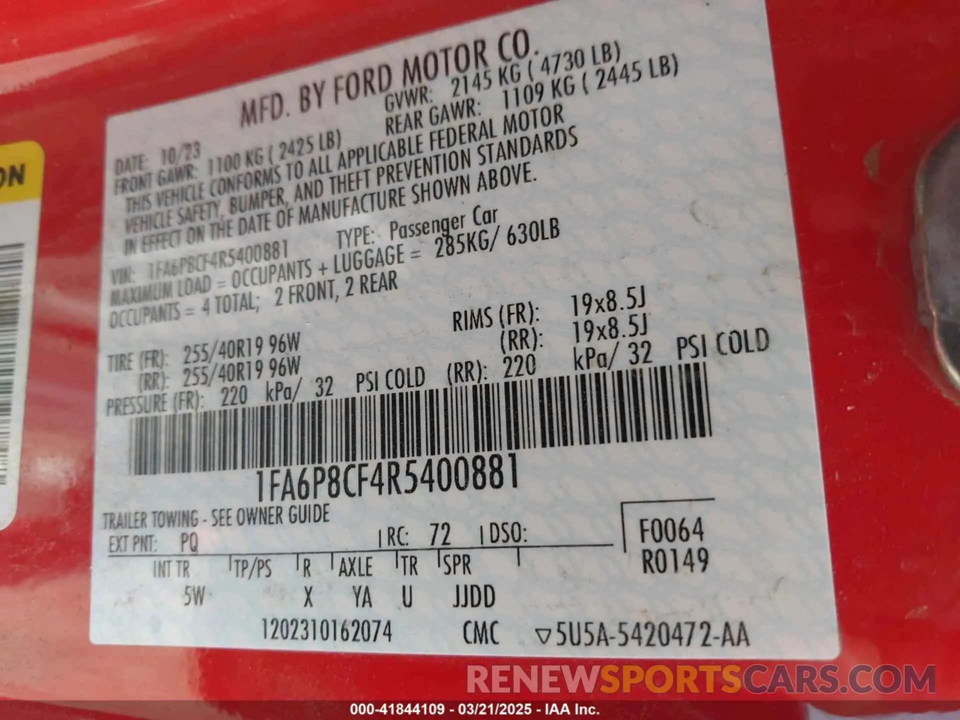 9 fotografías del automóvil dañado 1FA6P8CF4R5400881 FORD MUSTANG 2024