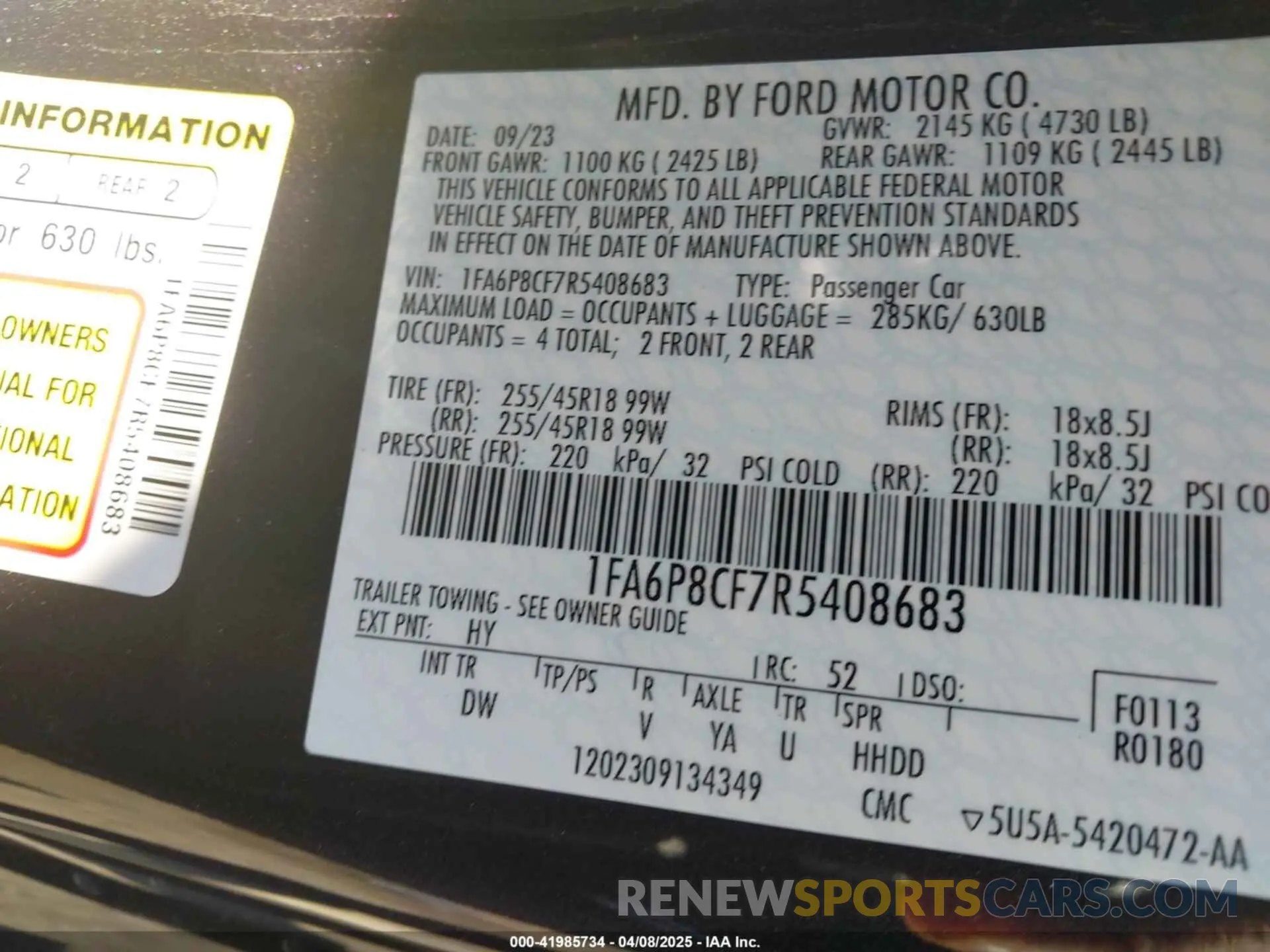 9 fotografías del automóvil dañado 1FA6P8CF7R5408683 FORD MUSTANG 2024