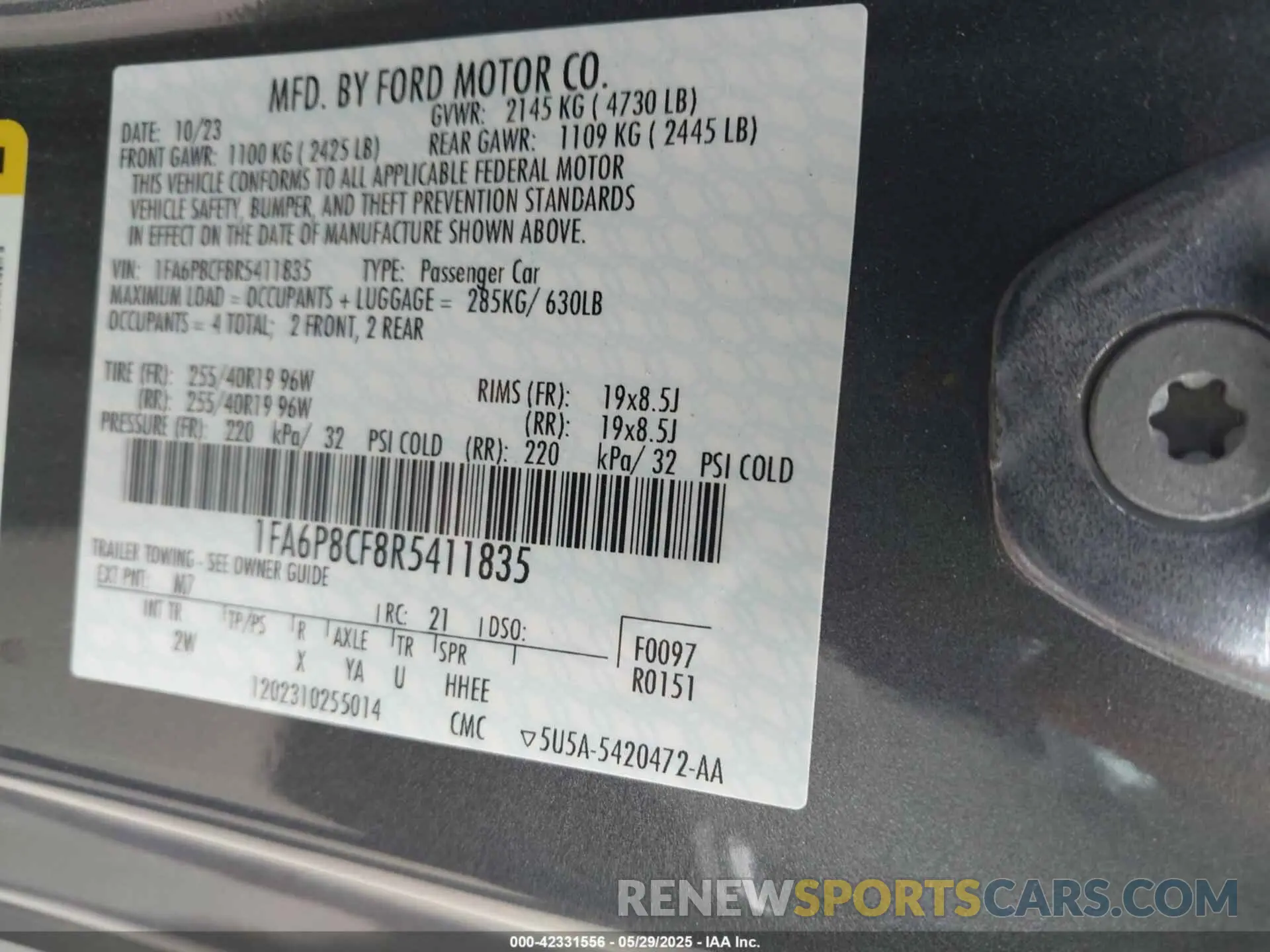 9 fotografías del automóvil dañado 1FA6P8CF8R5411835 FORD MUSTANG 2024