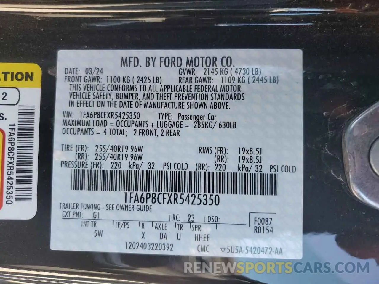 13 fotografías del automóvil dañado 1FA6P8CFXR5425350 FORD MUSTANG 2024