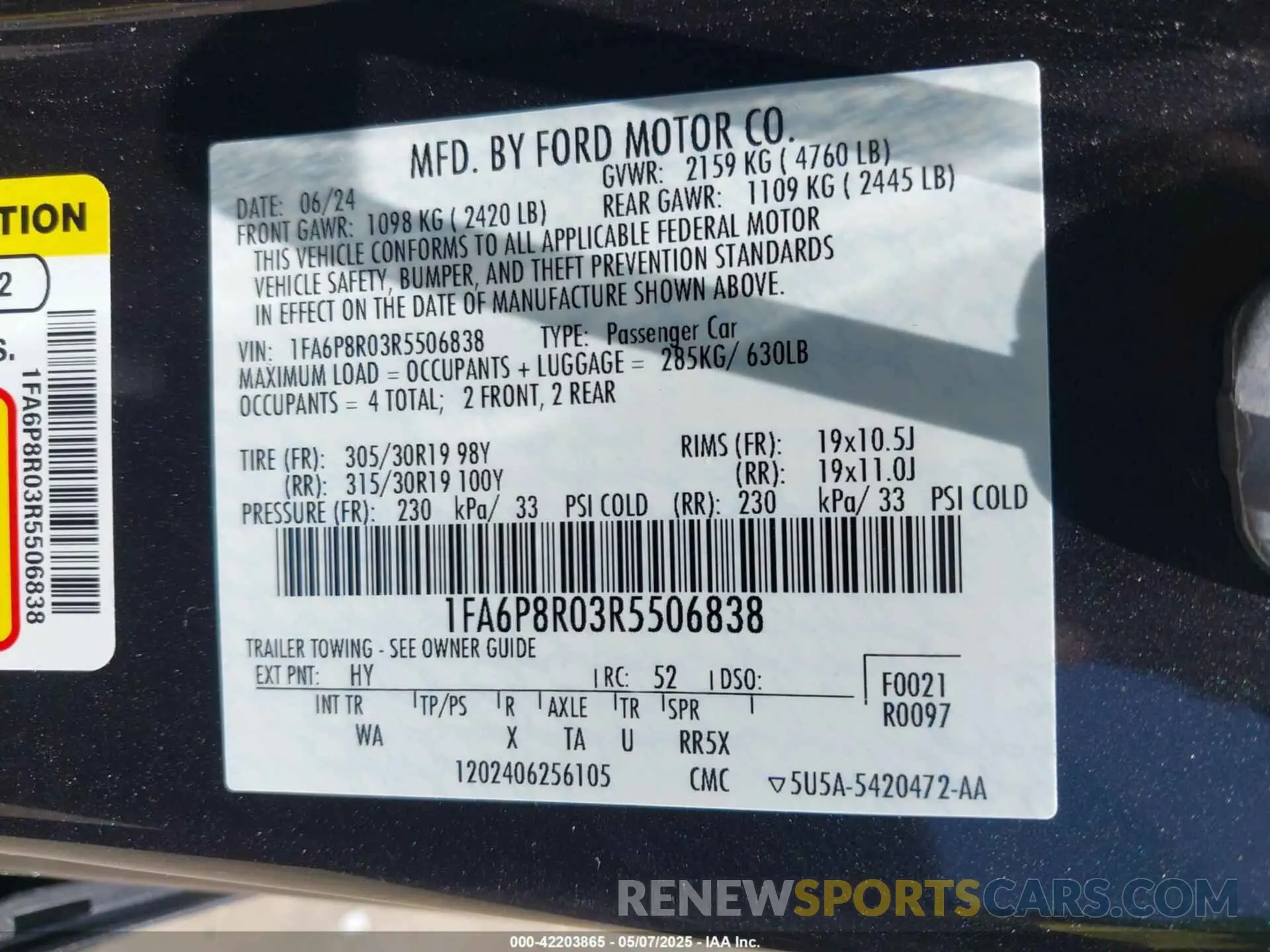 9 fotografías del automóvil dañado 1FA6P8R03R5506838 FORD MUSTANG 2024