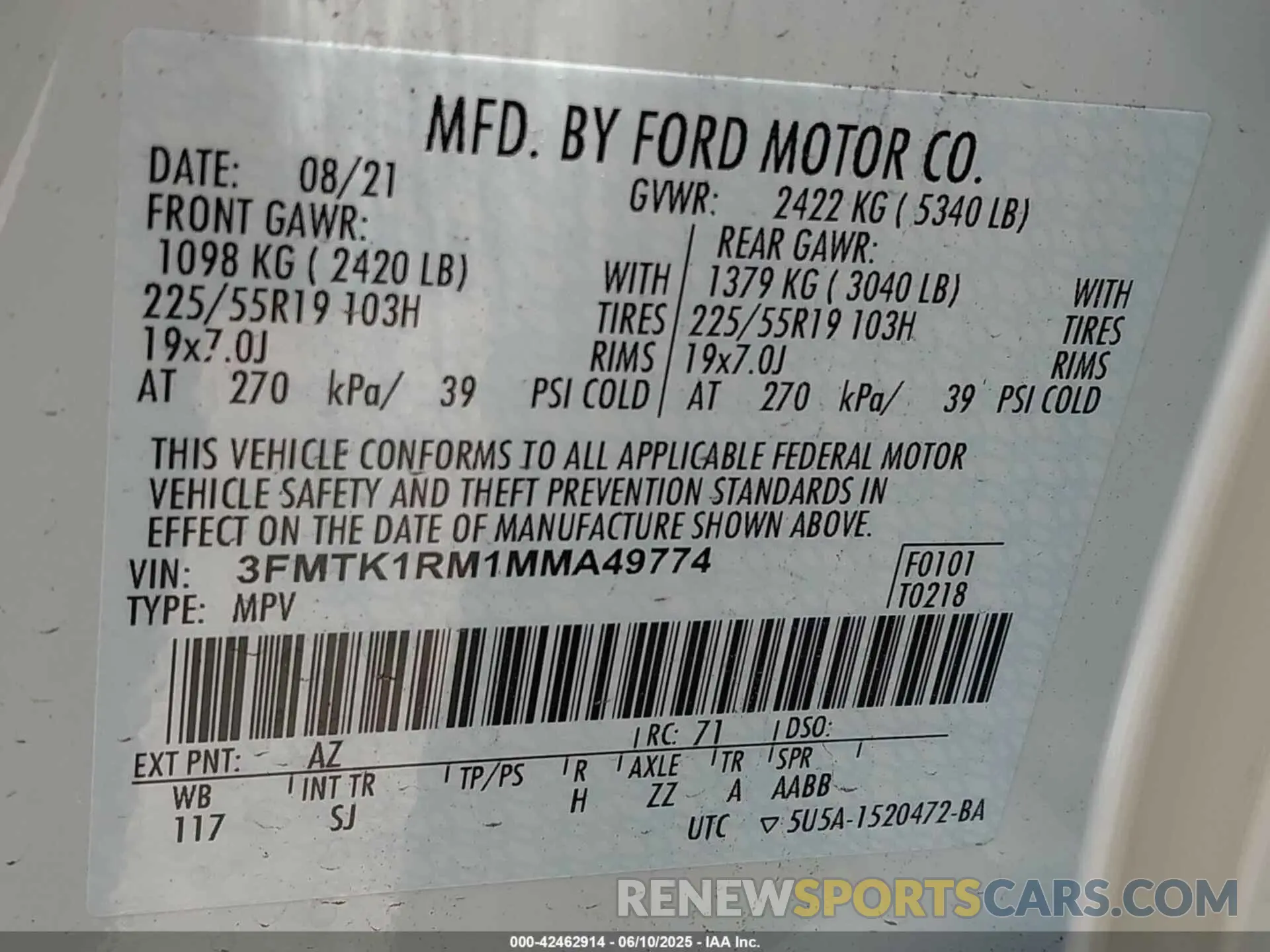 9 fotografías del automóvil dañado 3FMTK1RM1MMA49774 FORD MUSTANG MACH-E 2021