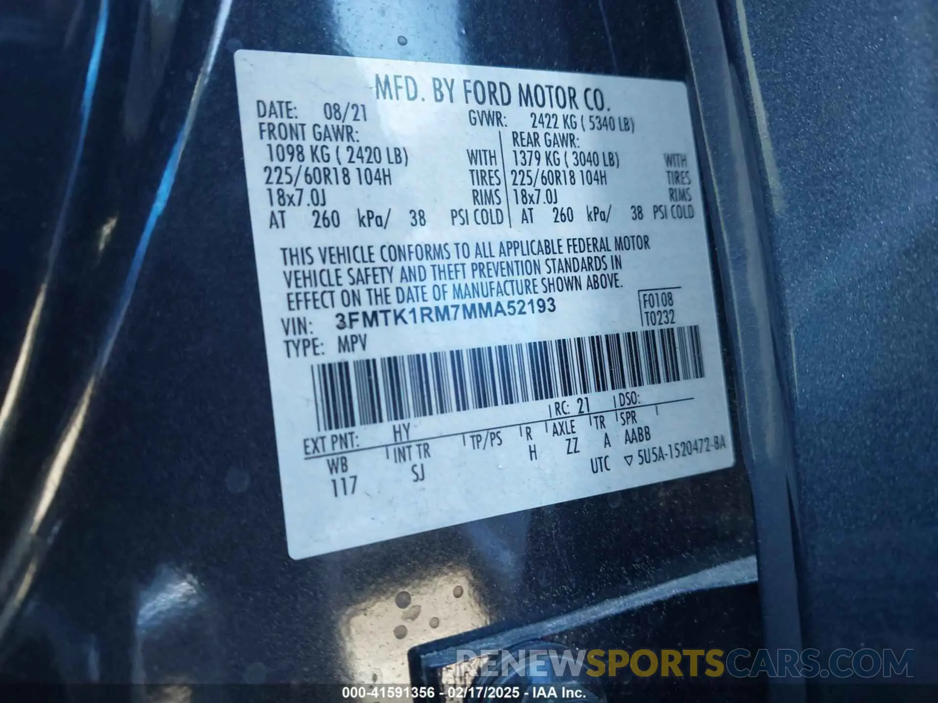 9 fotografías del automóvil dañado 3FMTK1RM7MMA52193 FORD MUSTANG MACH-E 2021