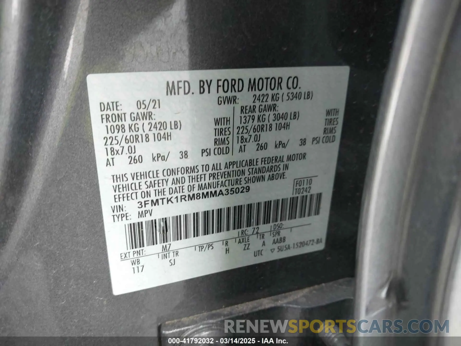 9 fotografías del automóvil dañado 3FMTK1RM8MMA35029 FORD MUSTANG MACH-E 2021