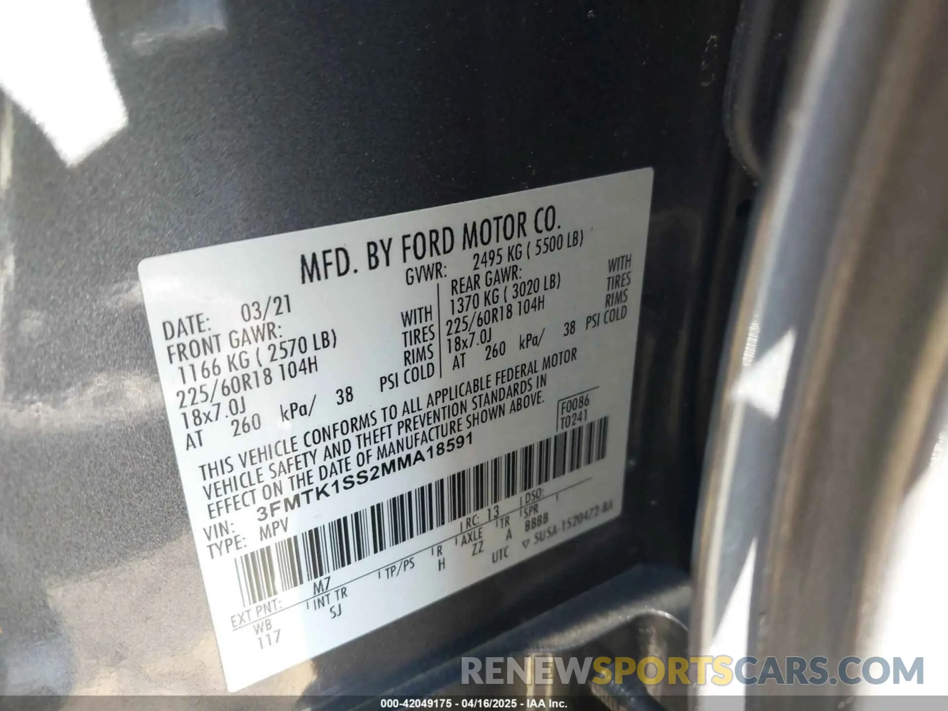 9 fotografías del automóvil dañado 3FMTK1SS2MMA18591 FORD MUSTANG MACH-E 2021