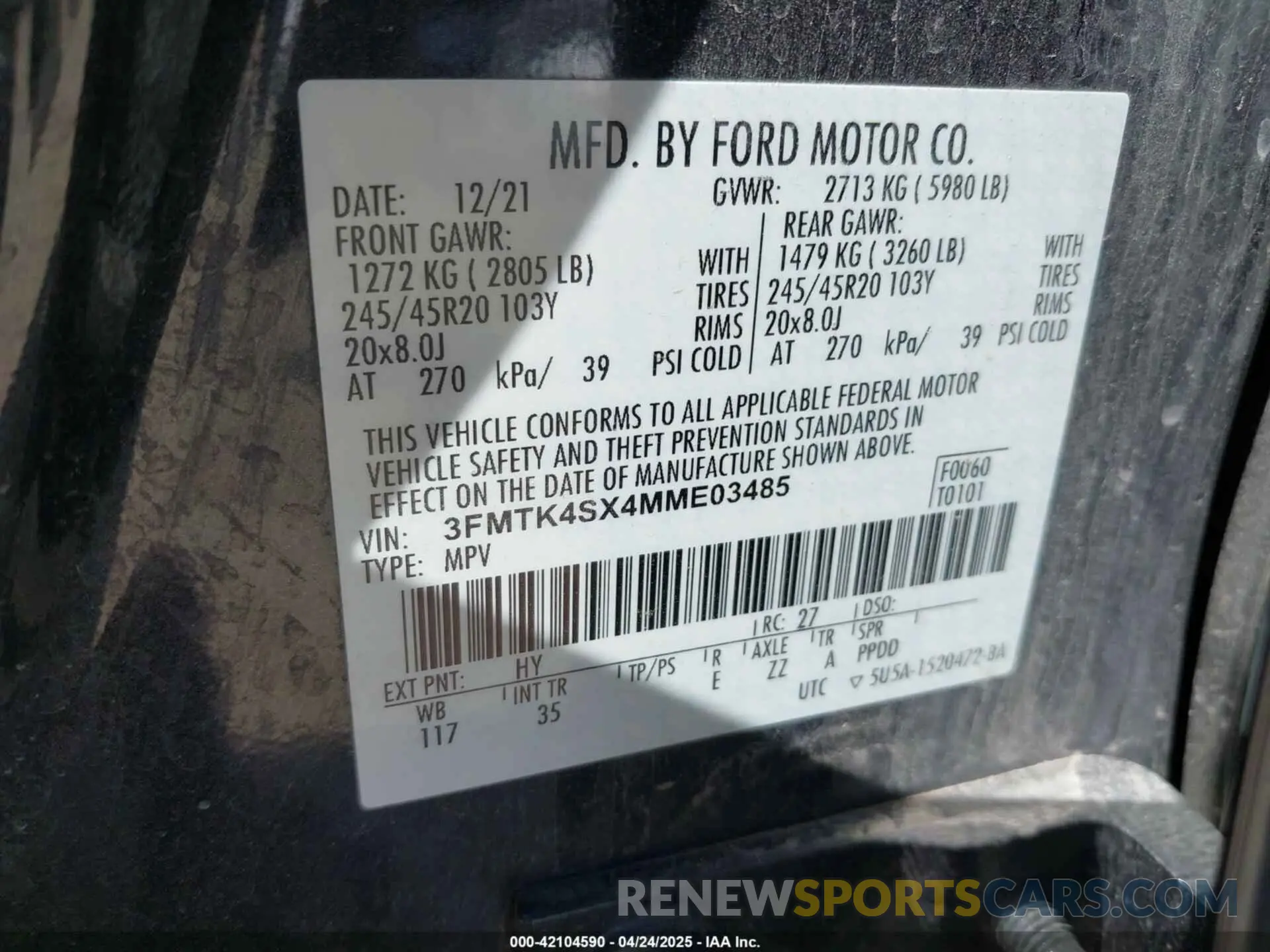 9 fotografías del automóvil dañado 3FMTK4SX4MME03485 FORD MUSTANG MACH-E 2021