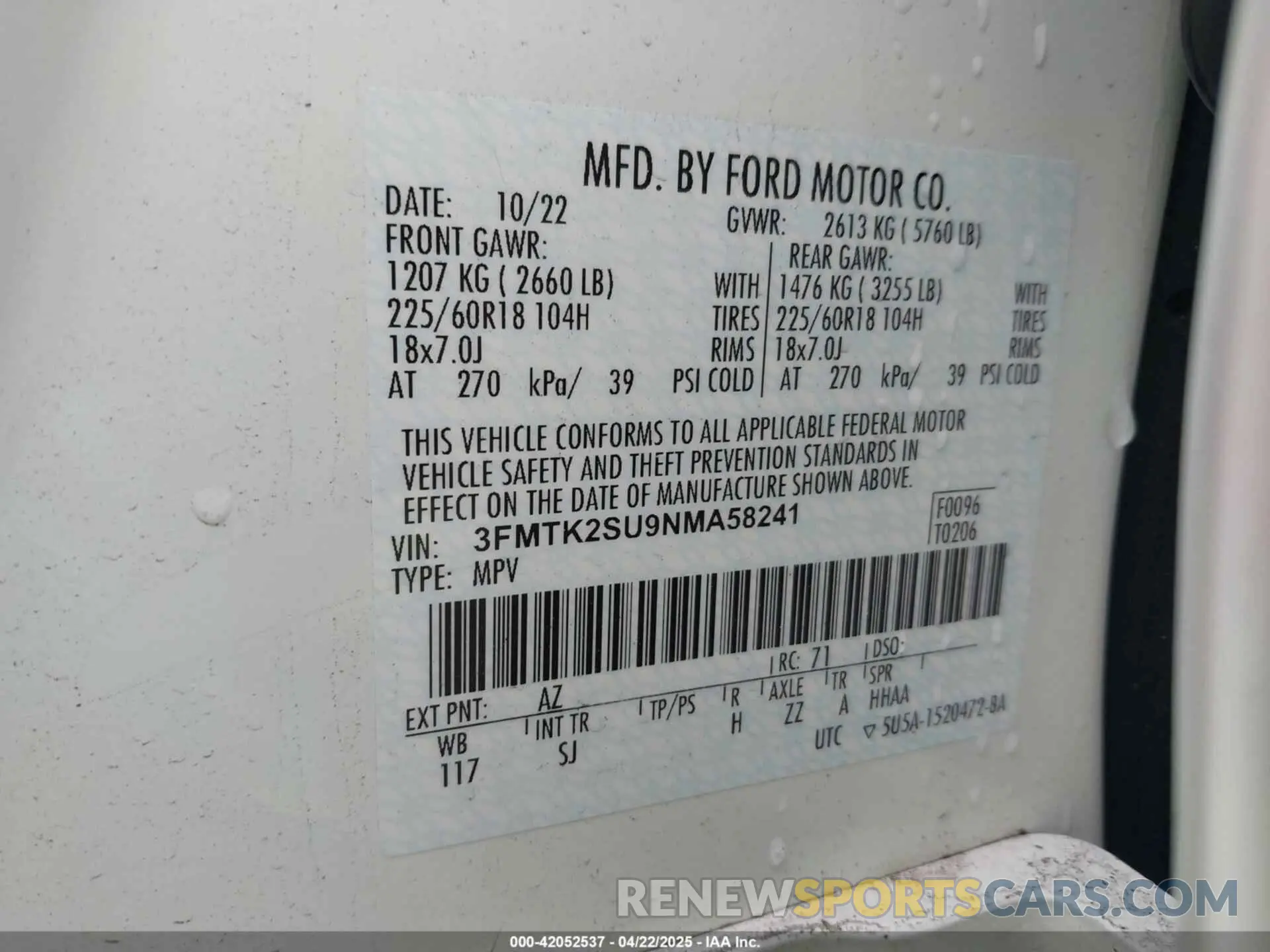 9 fotografías del automóvil dañado 3FMTK2SU9NMA58241 FORD MUSTANG MACH-E 2022
