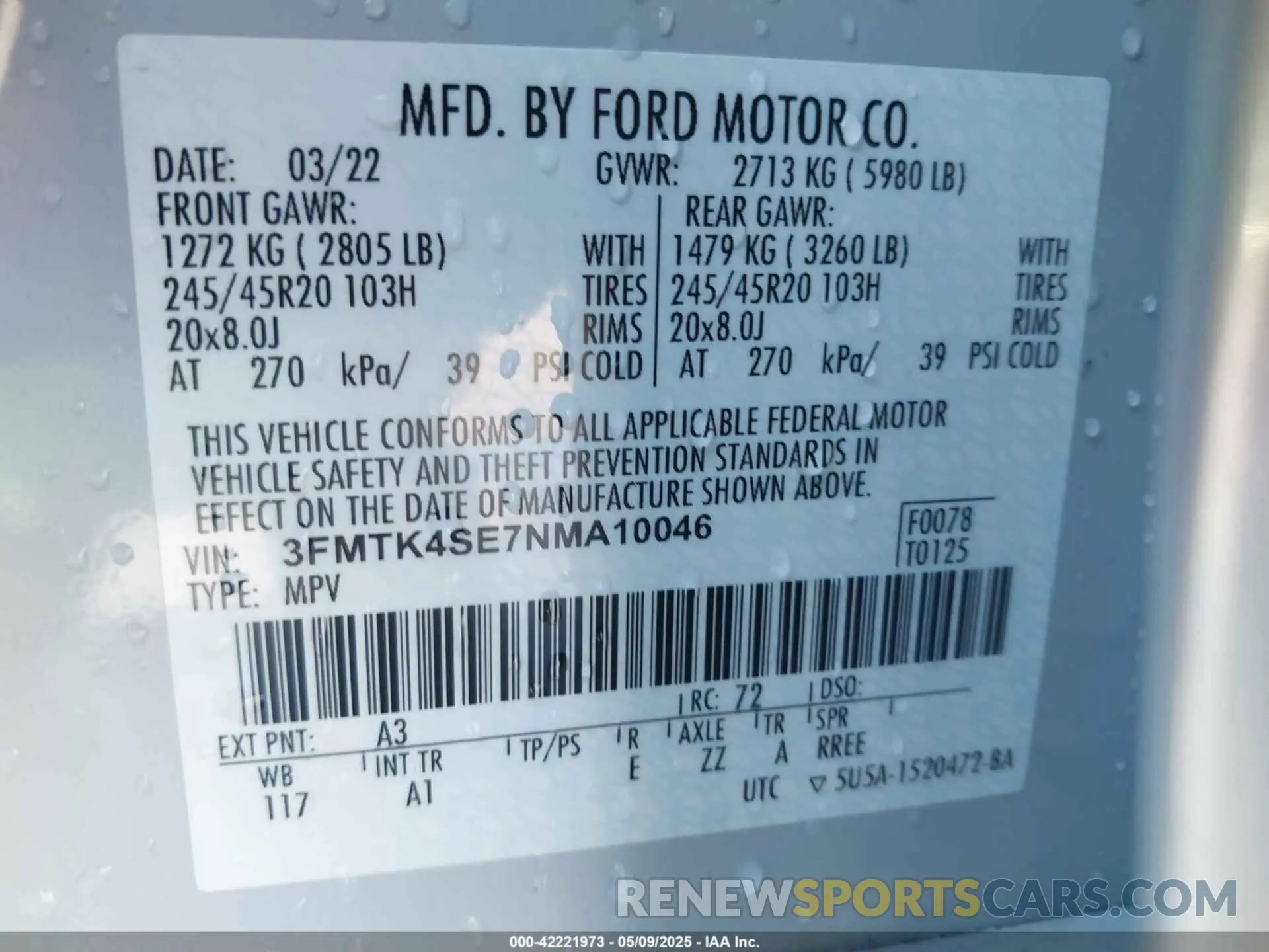 9 fotografías del automóvil dañado 3FMTK4SE7NMA10046 FORD MUSTANG MACH-E 2022